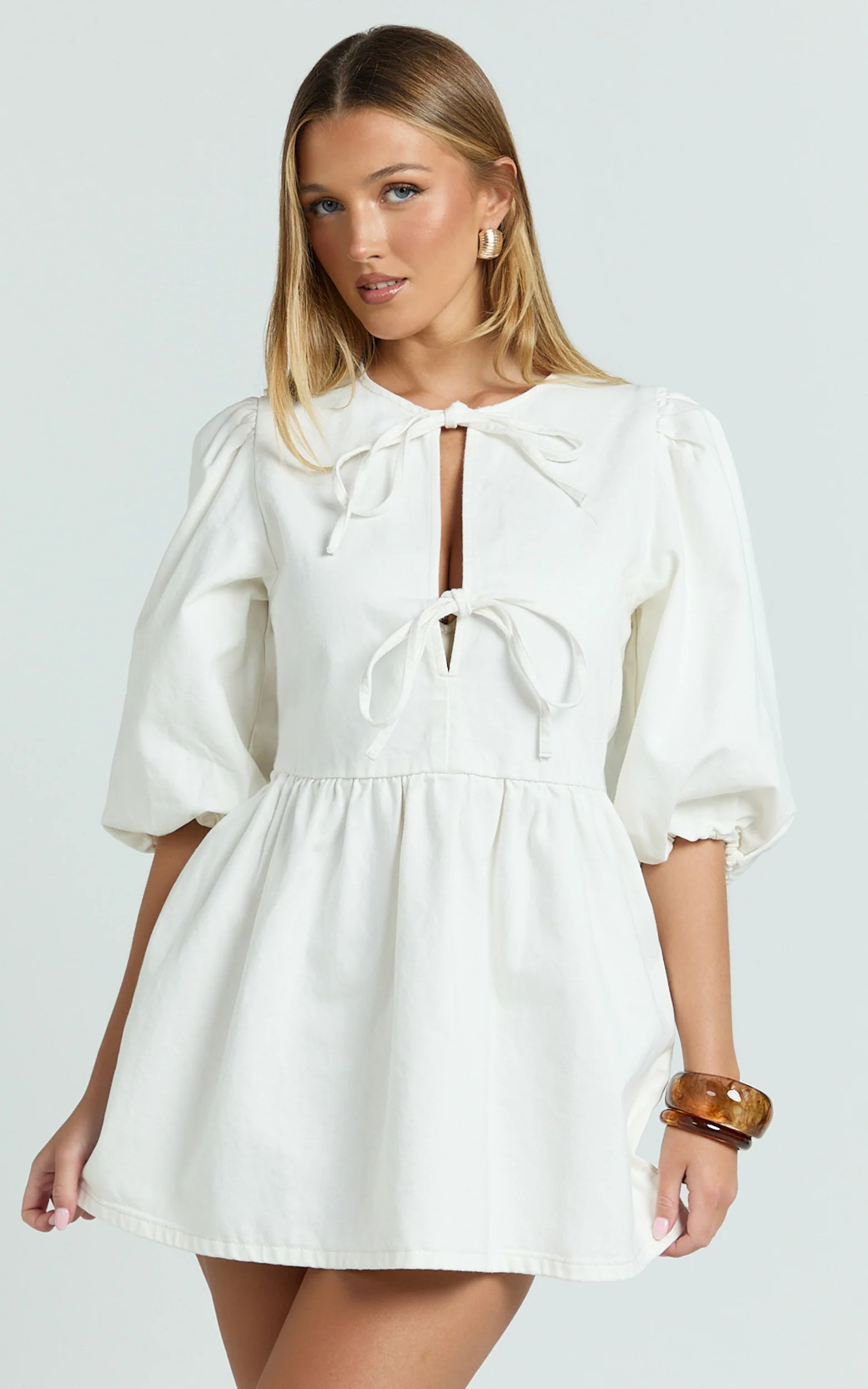 Shailene Mini Dress - Tie Front Puff Sleeve Recycled Denim Dress in Ecru