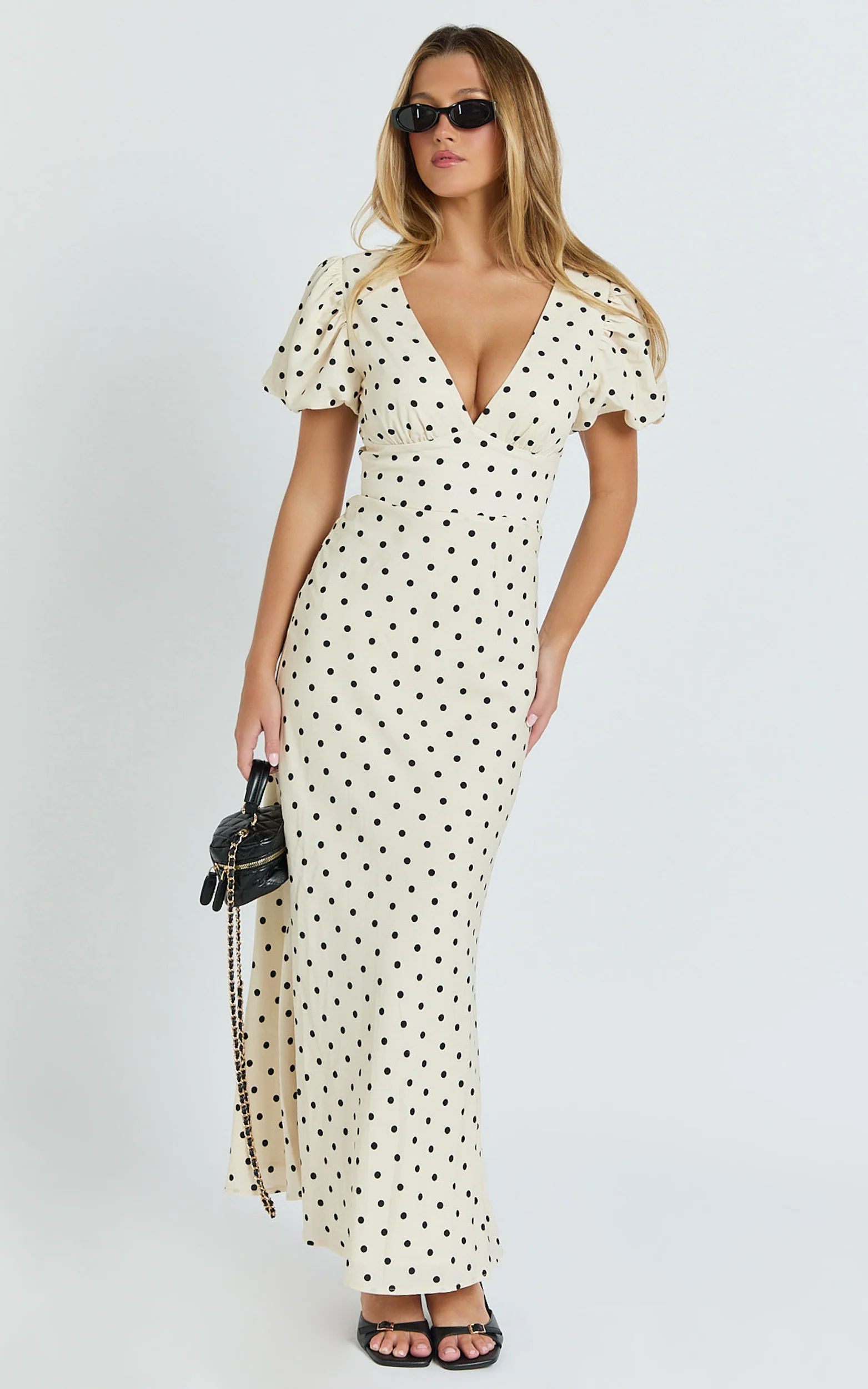 Elise Midi Dress - V Neck Puff Sleeve Dress in White Polka Dot