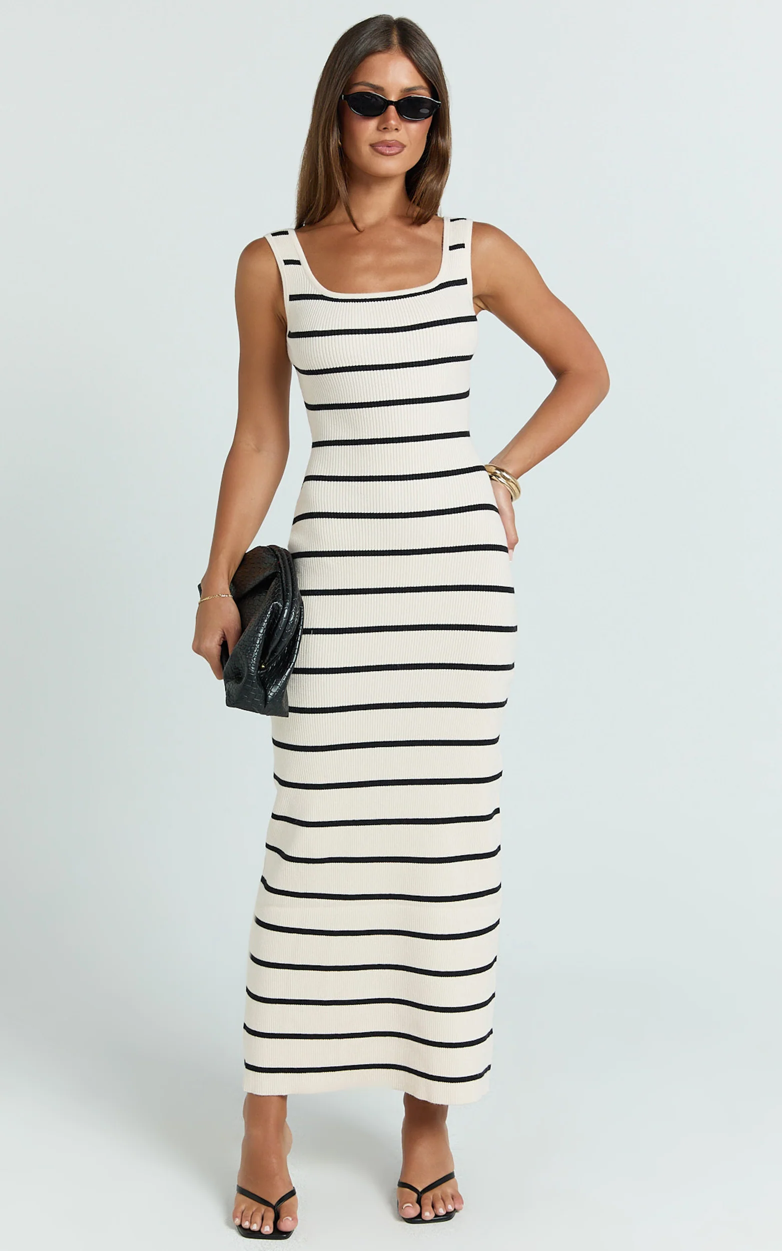 Lucille Maxi Dress - Sleeveless Striped Sweater Dress in Cream / Black Stripe