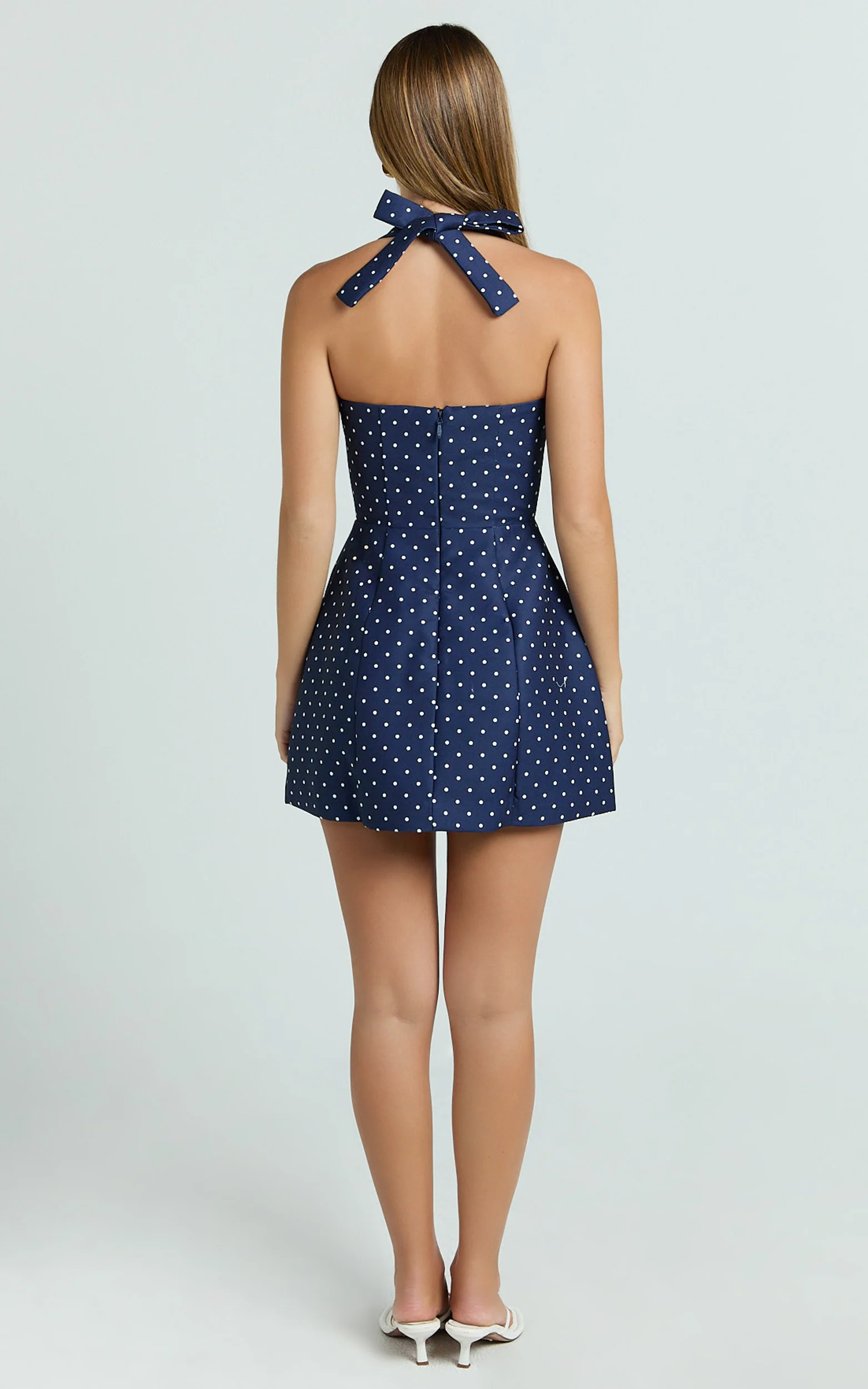 Dante Mini Dress - Halter Neck Tie Tulip Skirt Dress in Navy Polka Dot