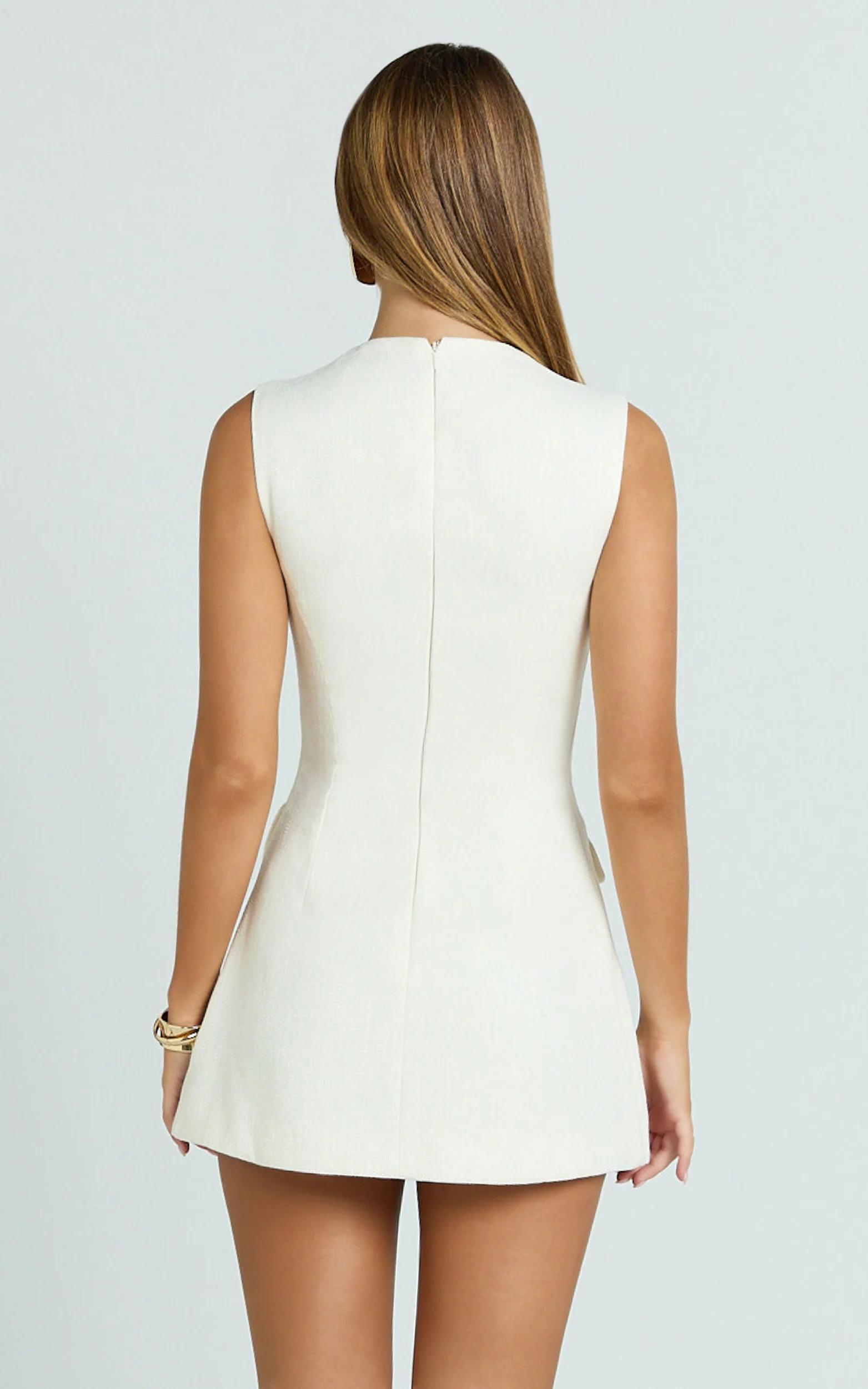 Halsey Mini Dress - Sleeveless Deep U Neck Faux Wrap Tulip Dress in Cream