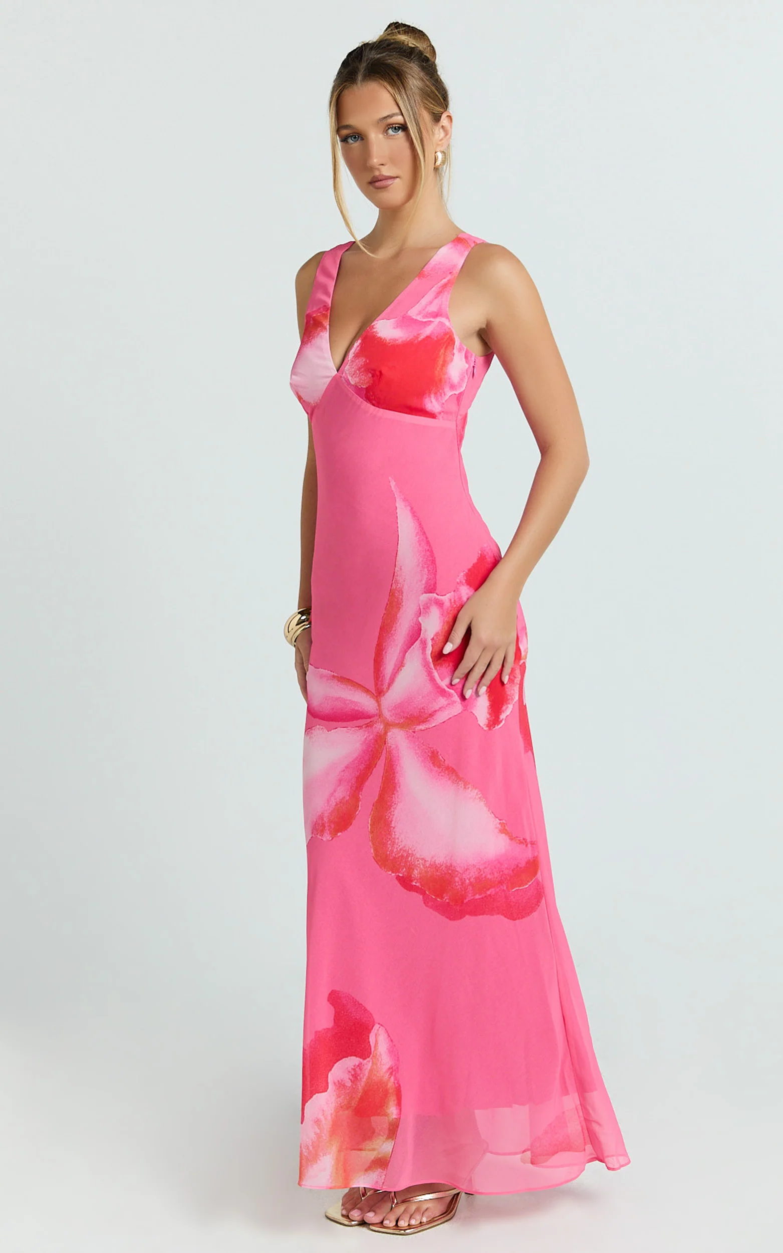 Iris Maxi Dress - Sleeveless V Neckline Dress in Fuschia Floral