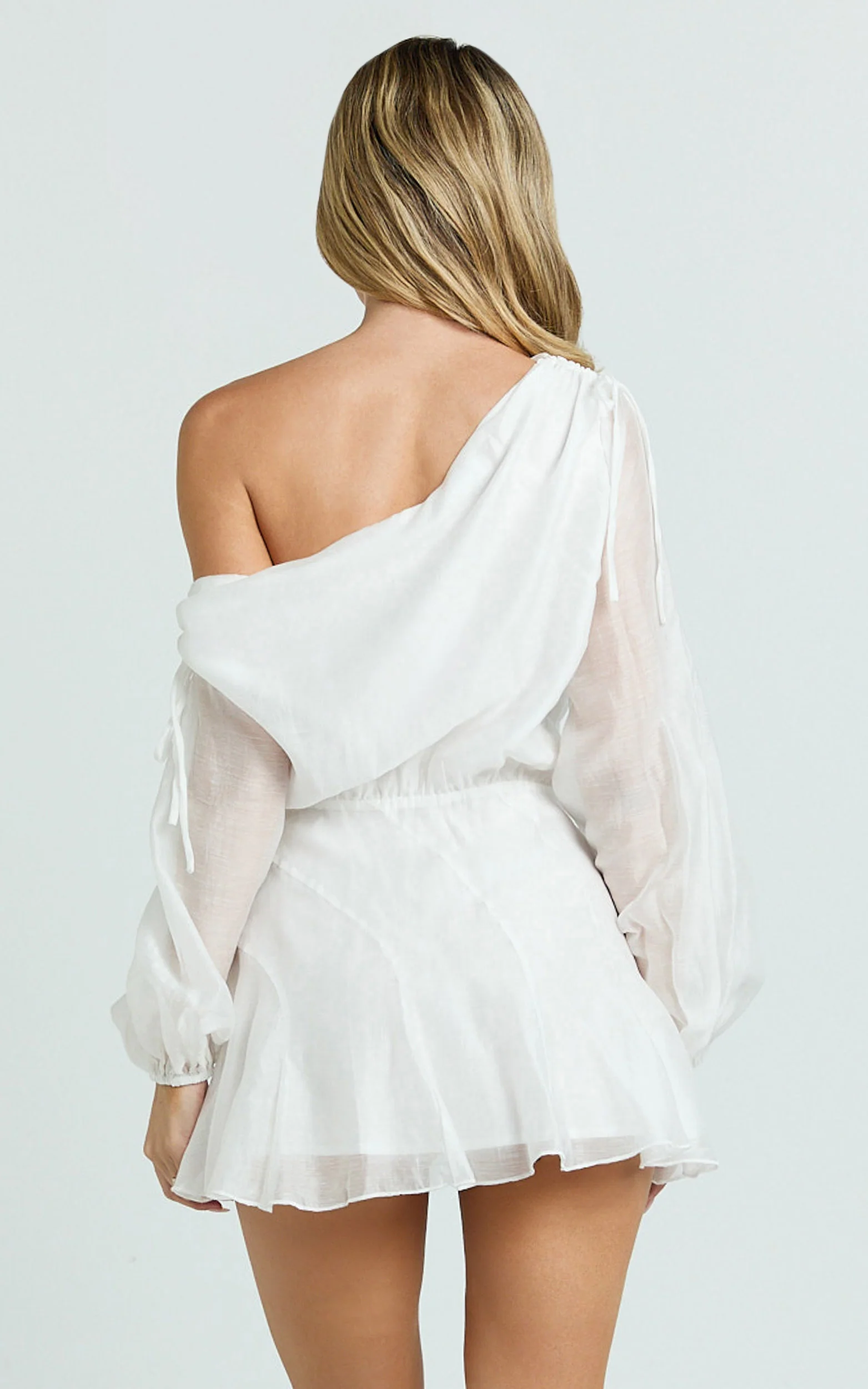 Hayes Mini Dress - Off Shoulder Bellow Top Flip Skirt Dress in White