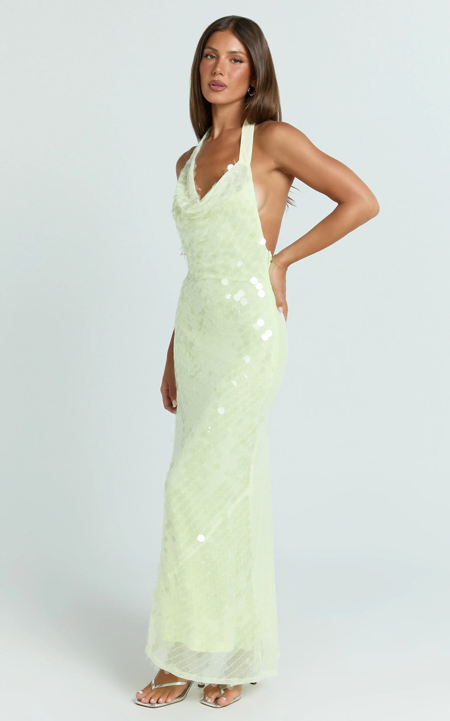 Lucy Maxi Dress - Sequin Cowl Neckline Dress in Citrus