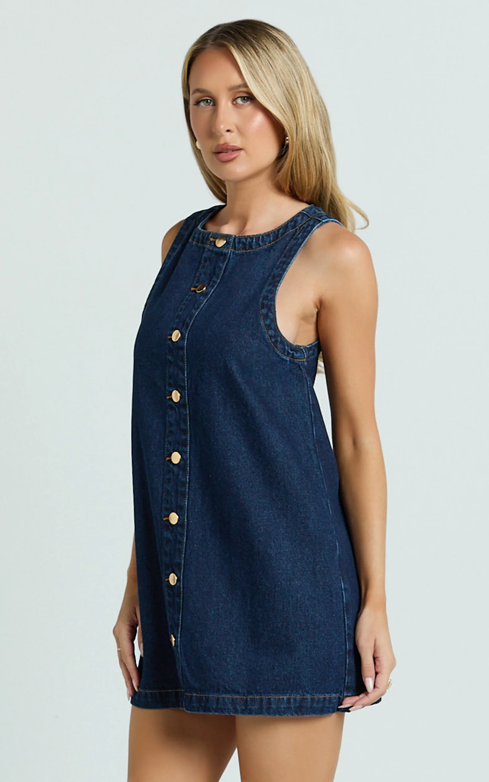Leia Mini Dress - High Neck Mock Button Down Mini Dress in Dark Blue Wash