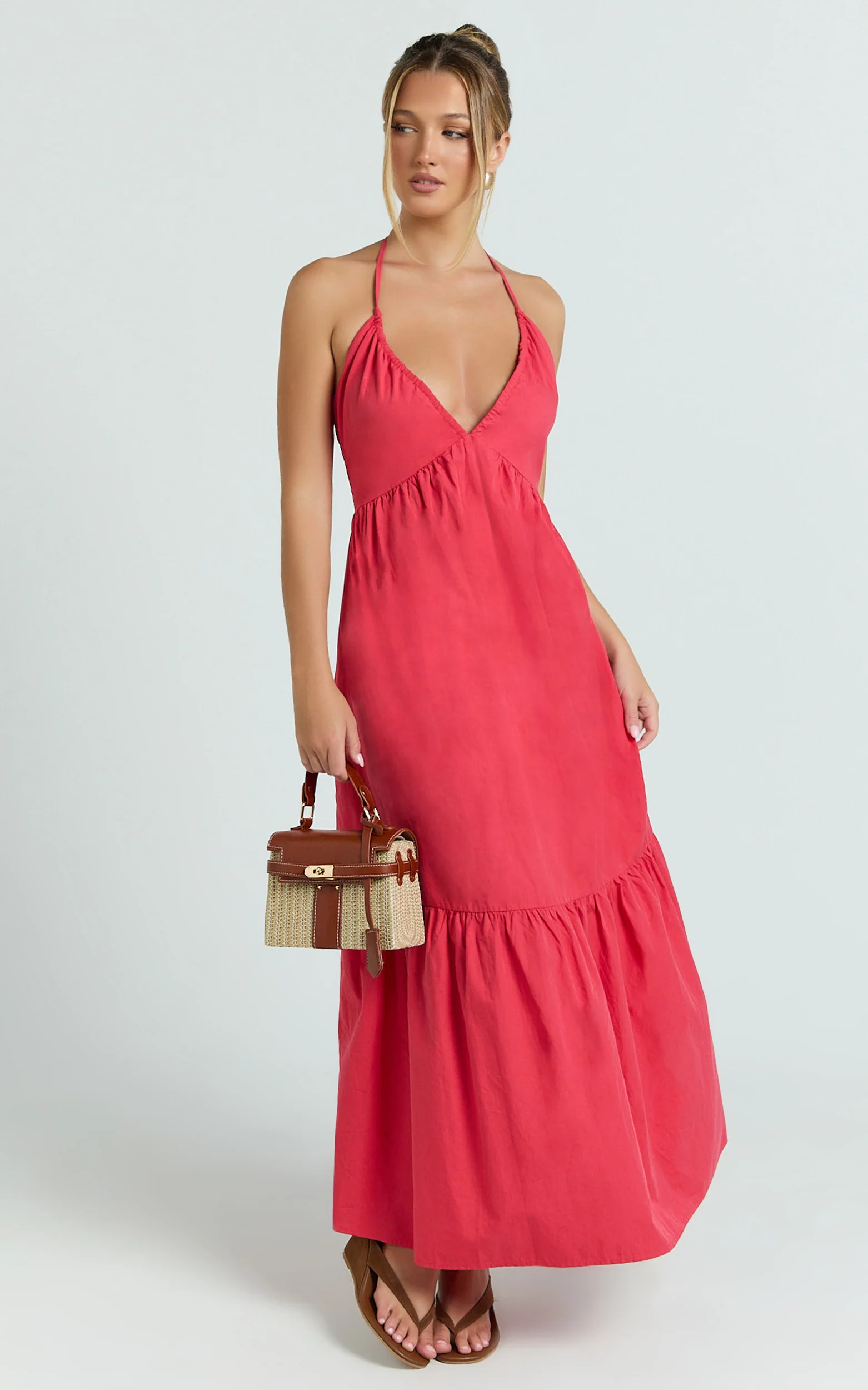 Augusta Midi Dress - Gathered Halter Neck Tiered Midi Dress in Red