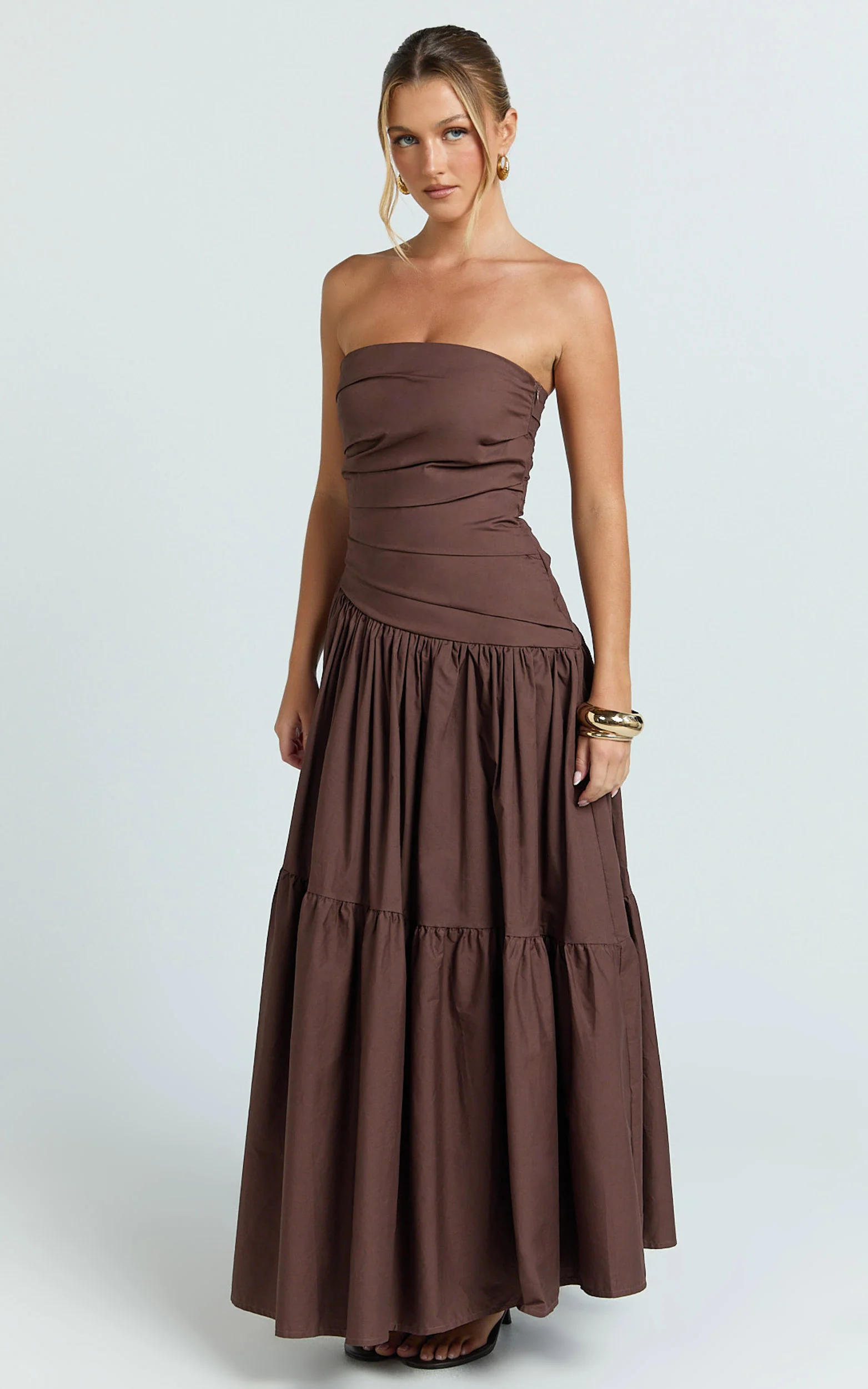 Cora Midi Dress - Strapless Dress in Chocolate