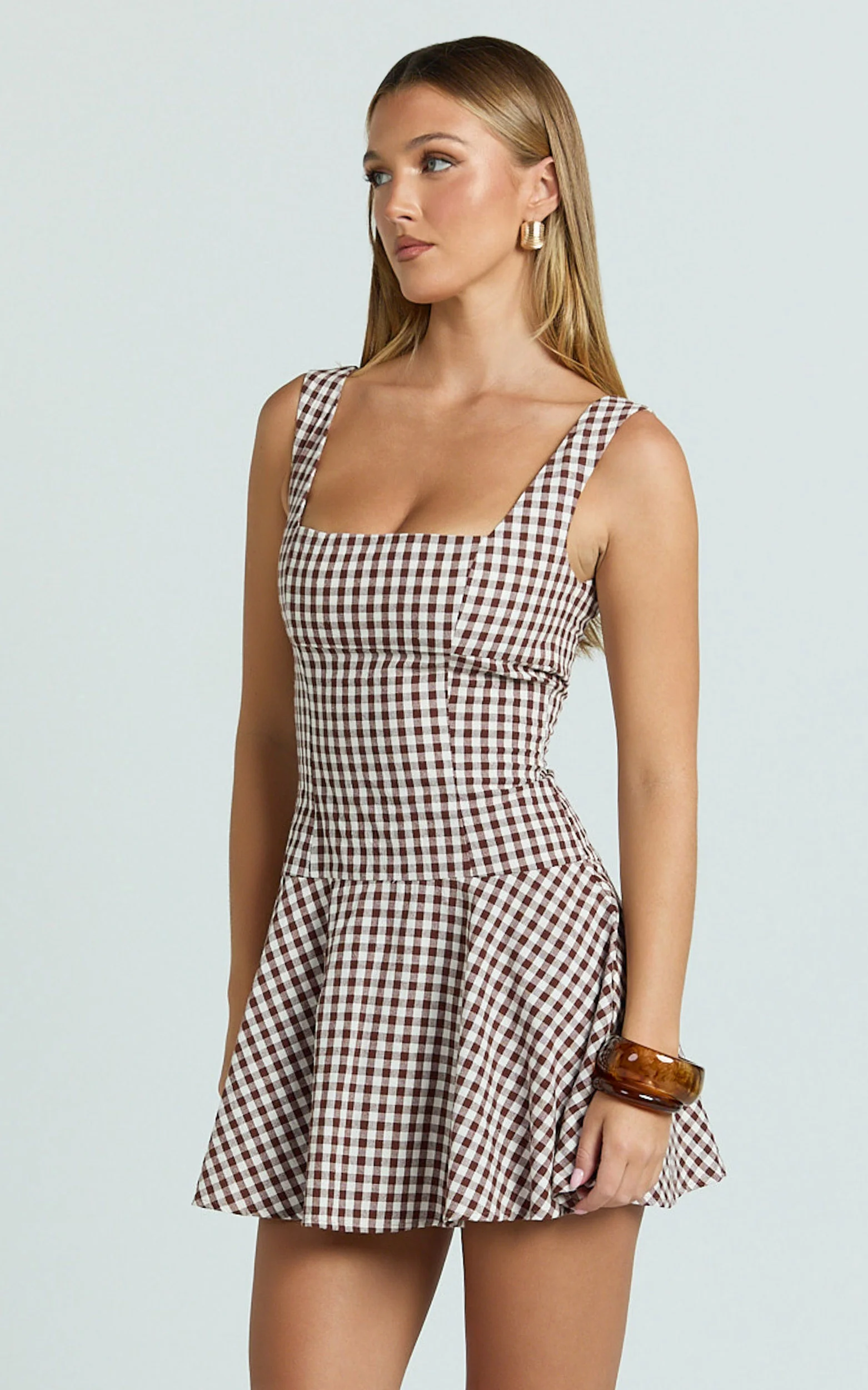 Sophia Mini Dress - Drop Waist Fit And Flare Mini Dress in Chocolate Gingham