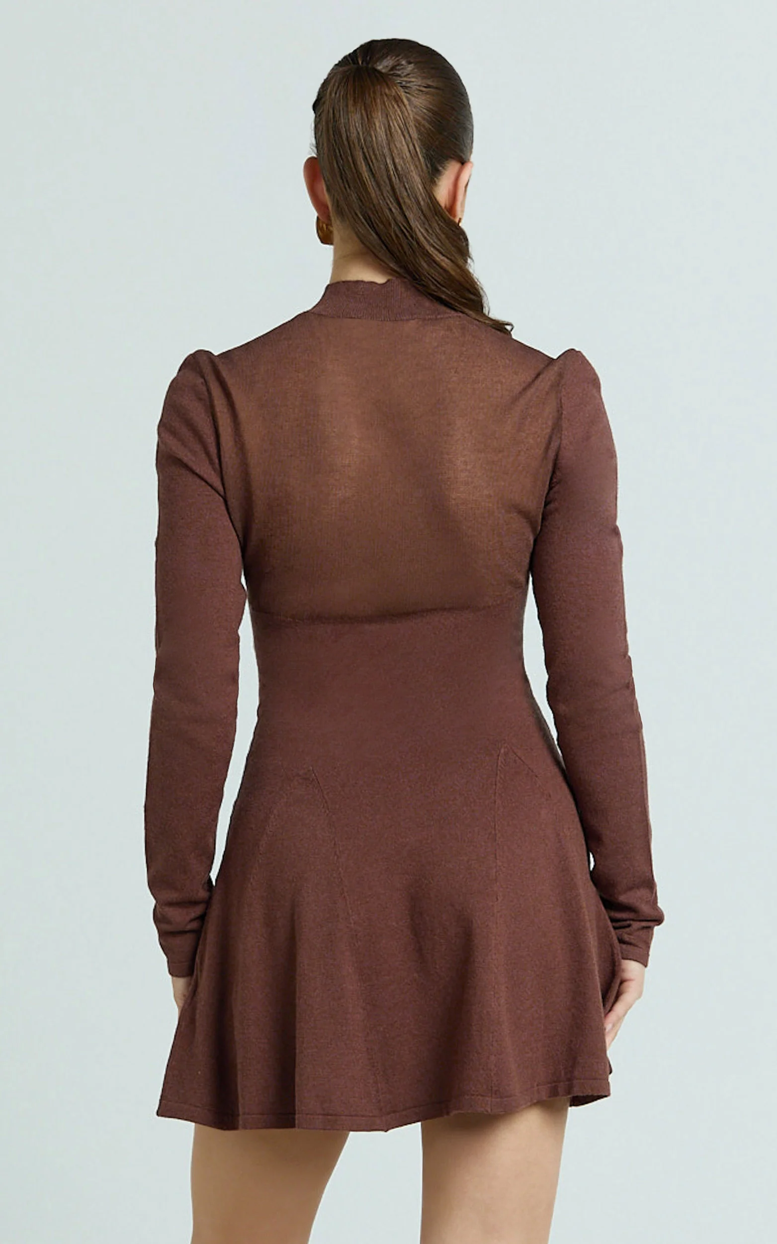 Camilla Mini Dress - Turtle Neck Fit And Flare Sheer Contrast Knit Dress in Chocolate