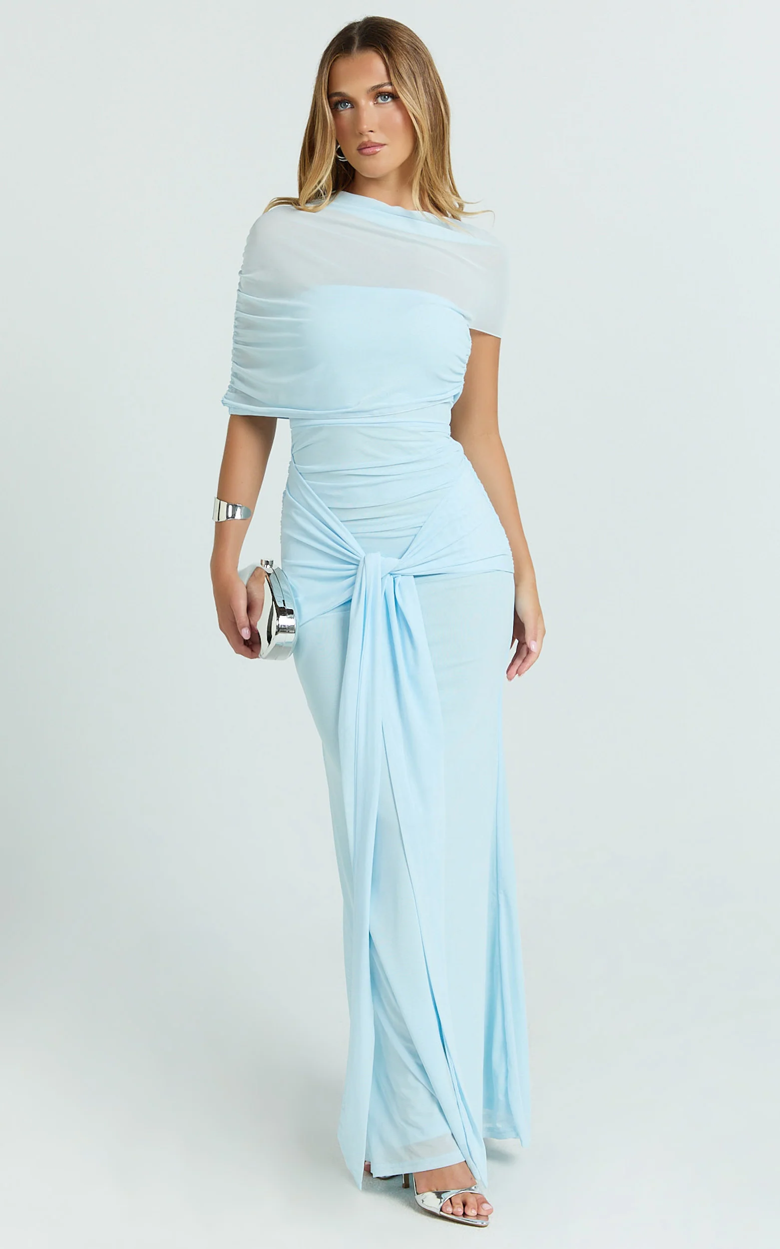 Nicolette Maxi Dress - Cape Sleeve Off Shoulder Dress in Blue