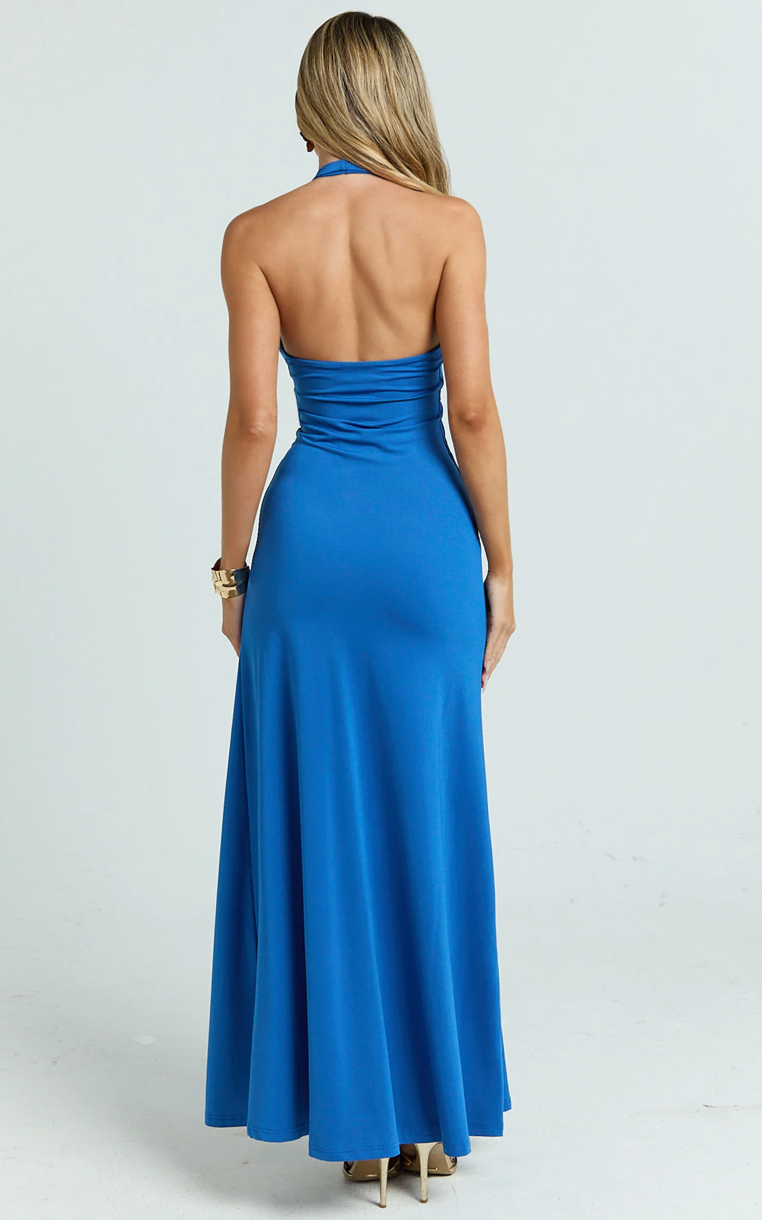 Denise Maxi Dress - Halter U Ruched Neck Cut Out Jersey Dress in Blue