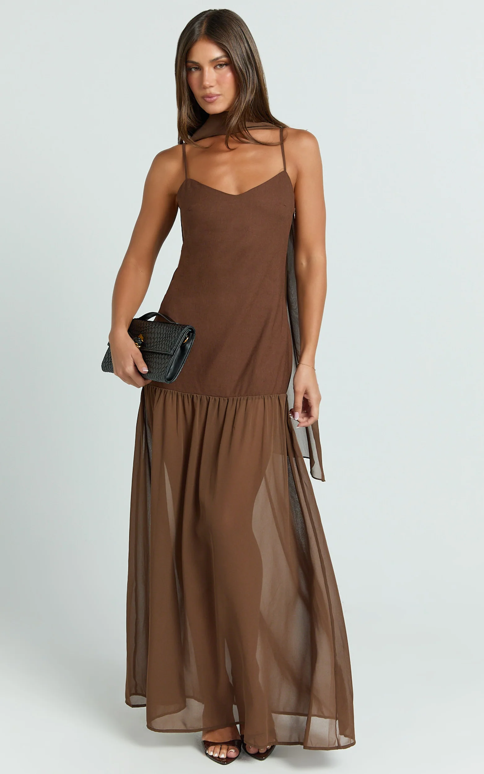Calvin Maxi Dress - Linen Look Contrast Georgette Skirt with Neck Scarf in Chocolate