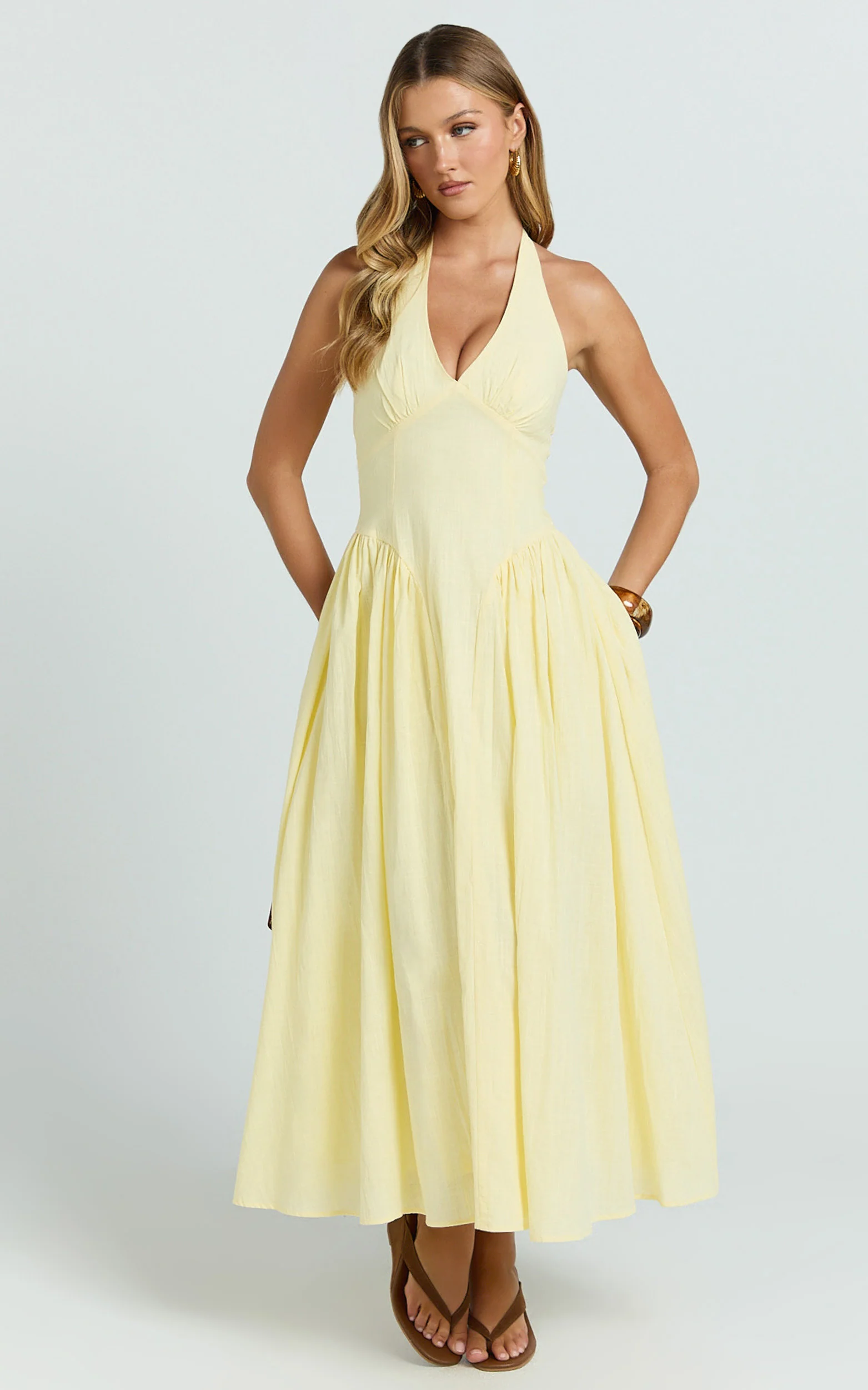 Athena Midi Dress - Halter Drop Waist Dress in Lemon