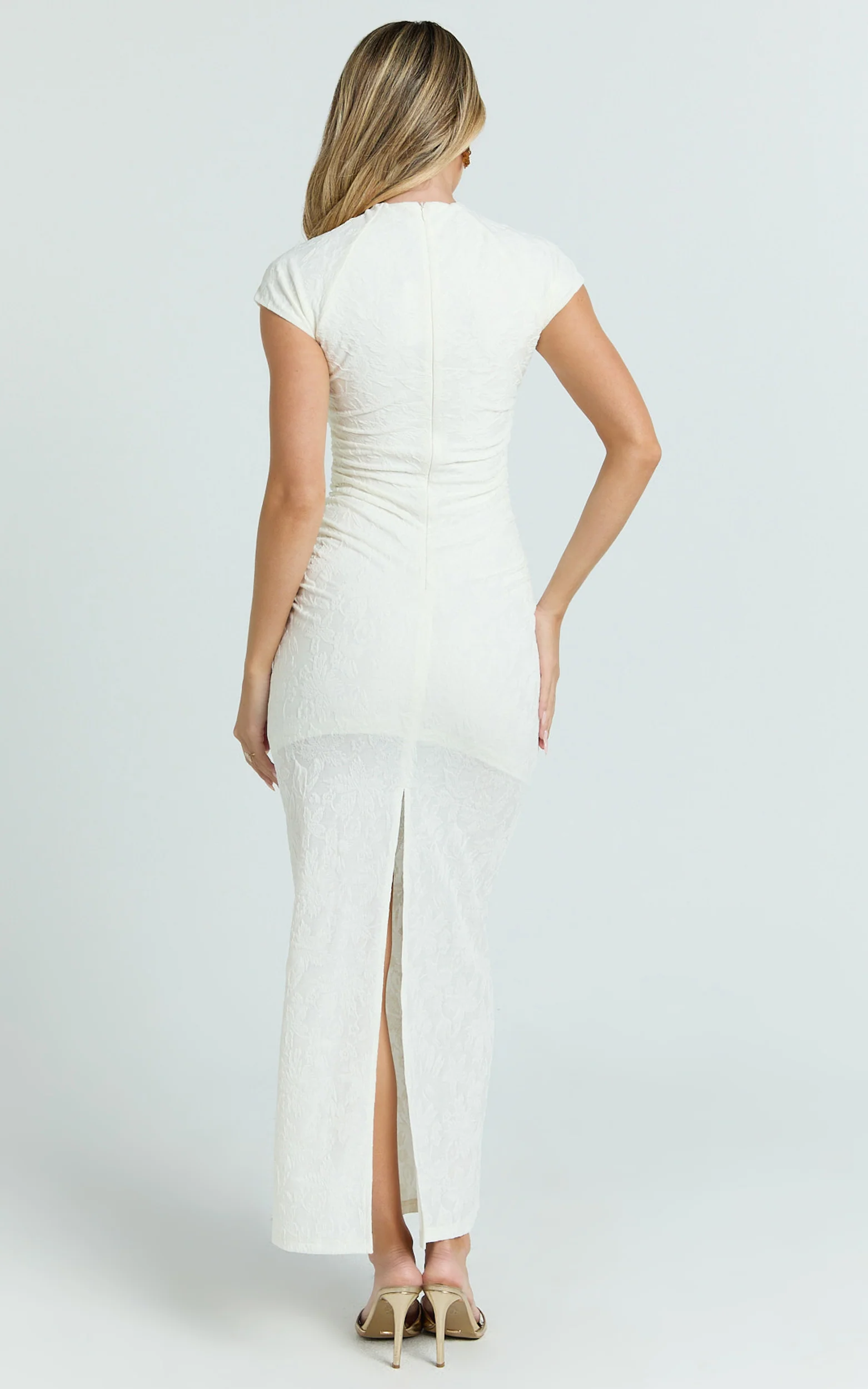 Kayrene Maxi Dress - Short Sleeve Jacquard Dress in Cream