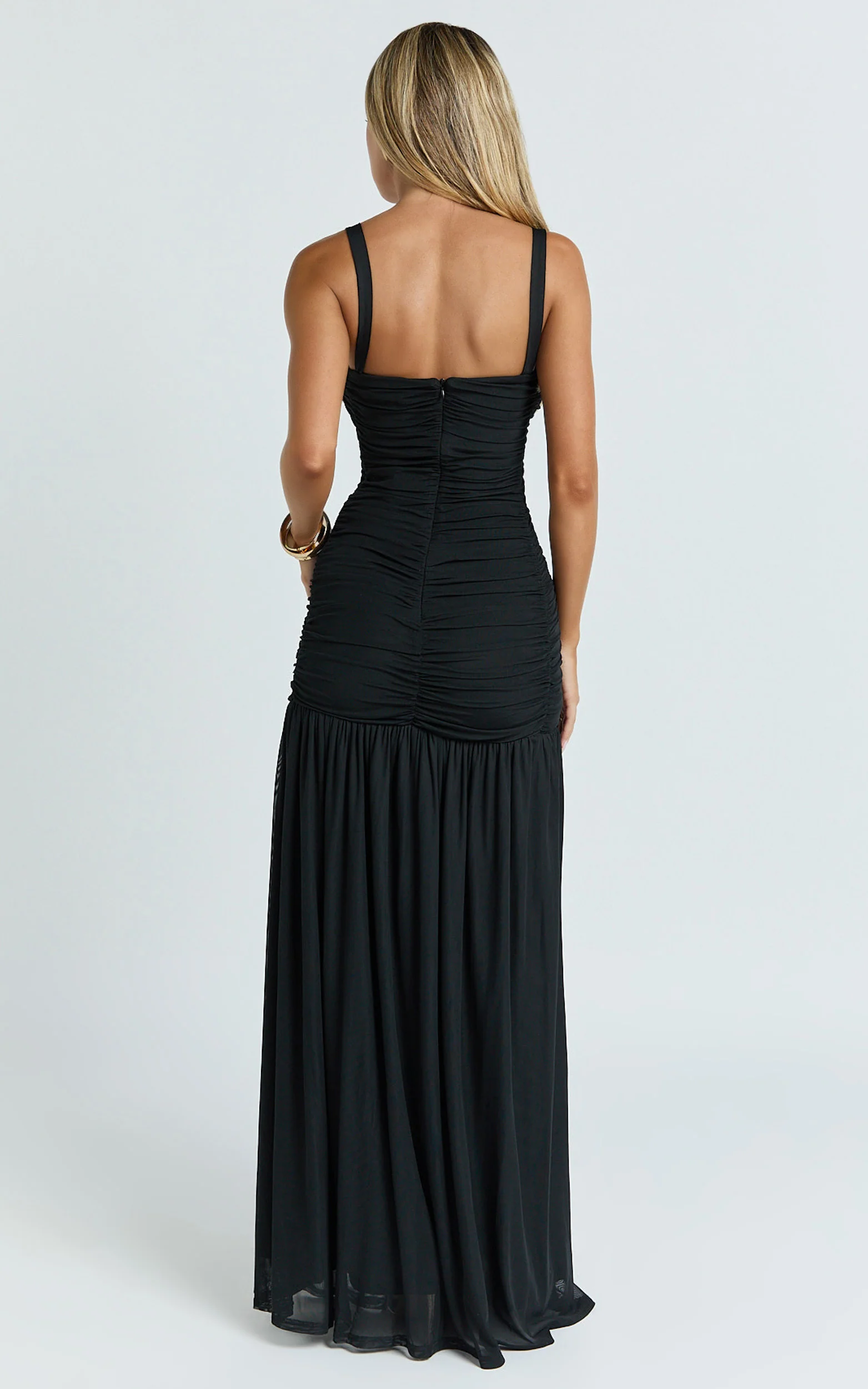 Cardi Maxi Dress - Ruched Mesh High Leg Split Dress in Black