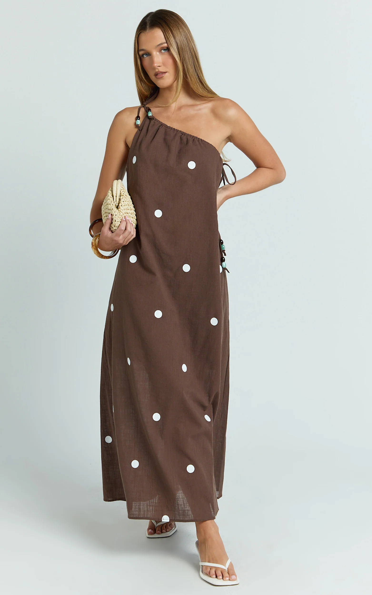 Gia Midi Dress - One Shoulder Dress in Chocolate Polka Dot