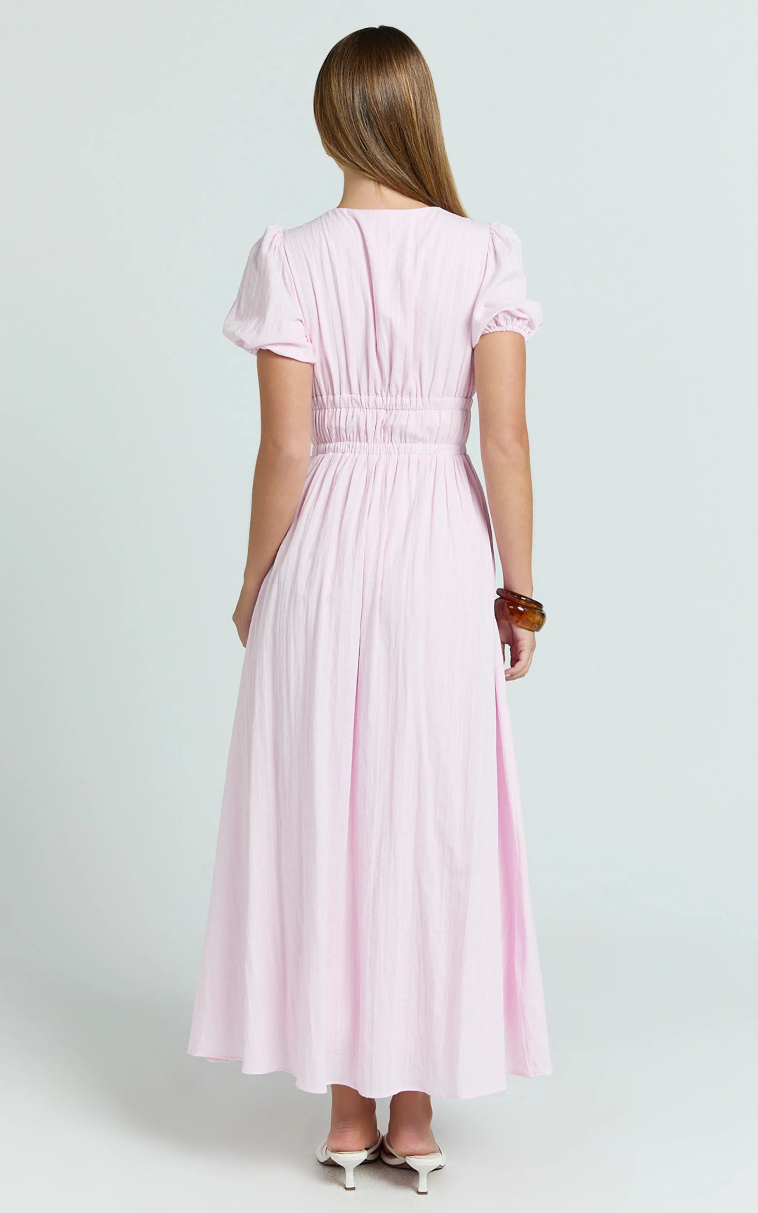 Matteo Midi Dress - Deep V Neck Puff Sleeve Dress in Pink