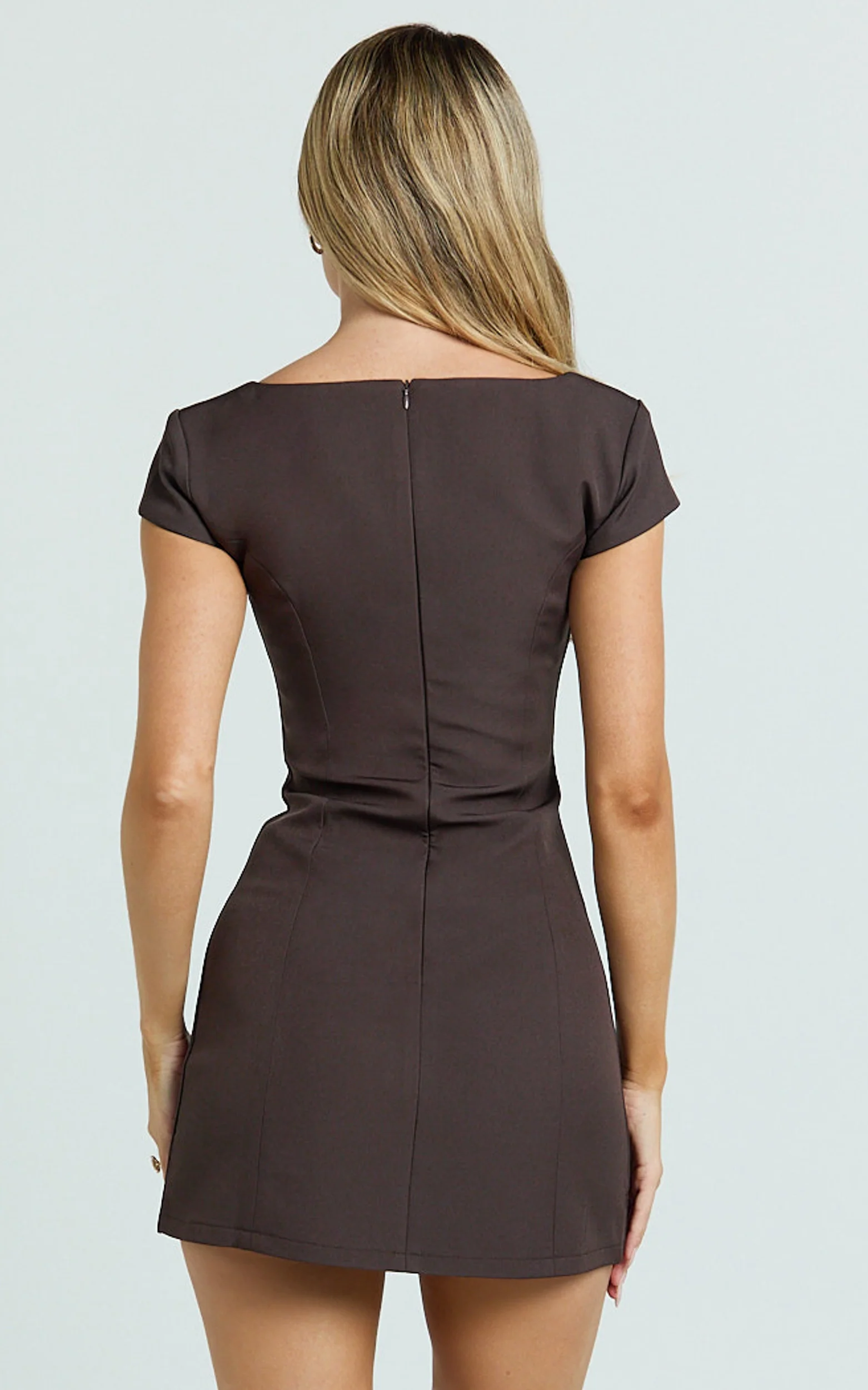 Desi Mini Dress - Square Neck Cap Sleeve Buckle Dress in Chocolate