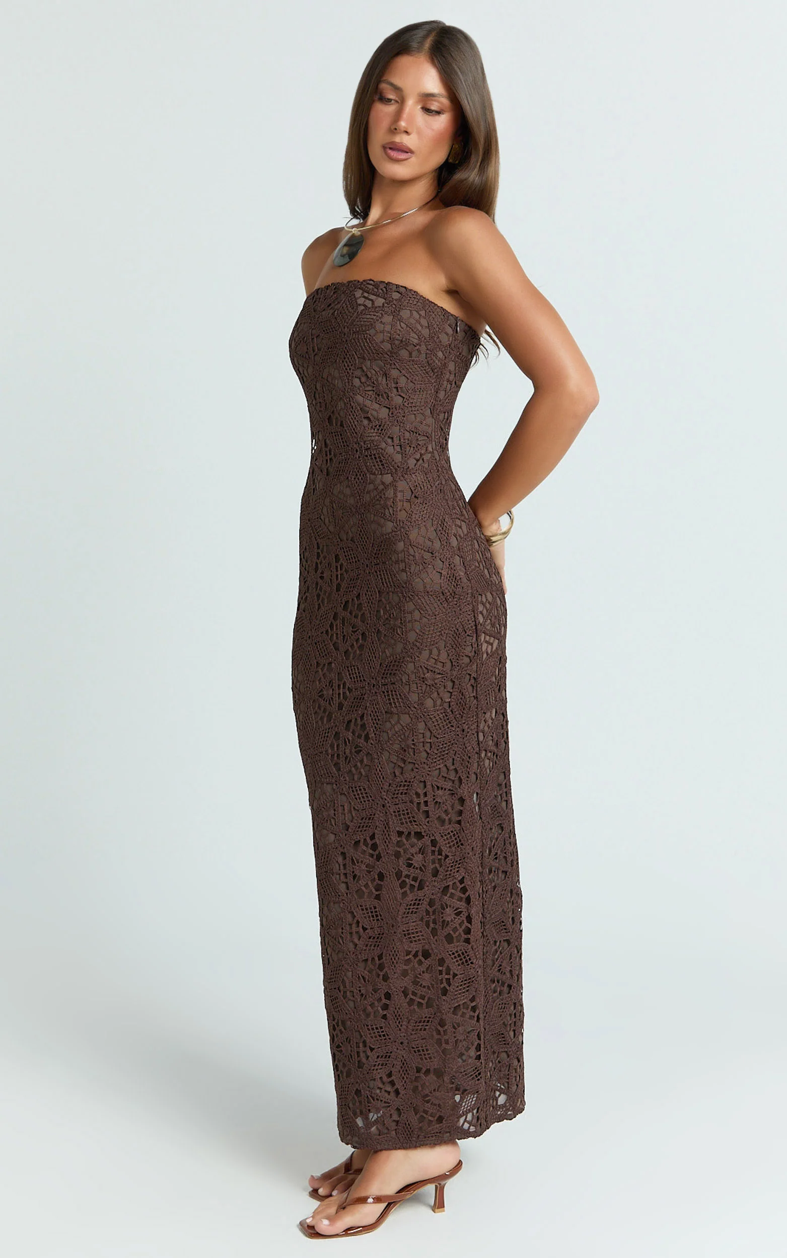 Tamika Maxi Dress - Crochet Strapless Column Dress in Chocolate