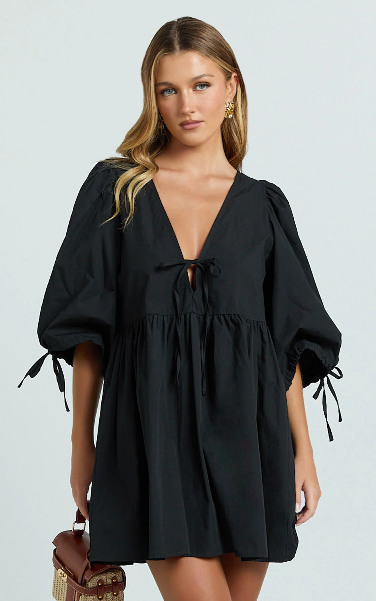 Rosita Mini Dress - Tie Front Puff Sleeve Dress in Black