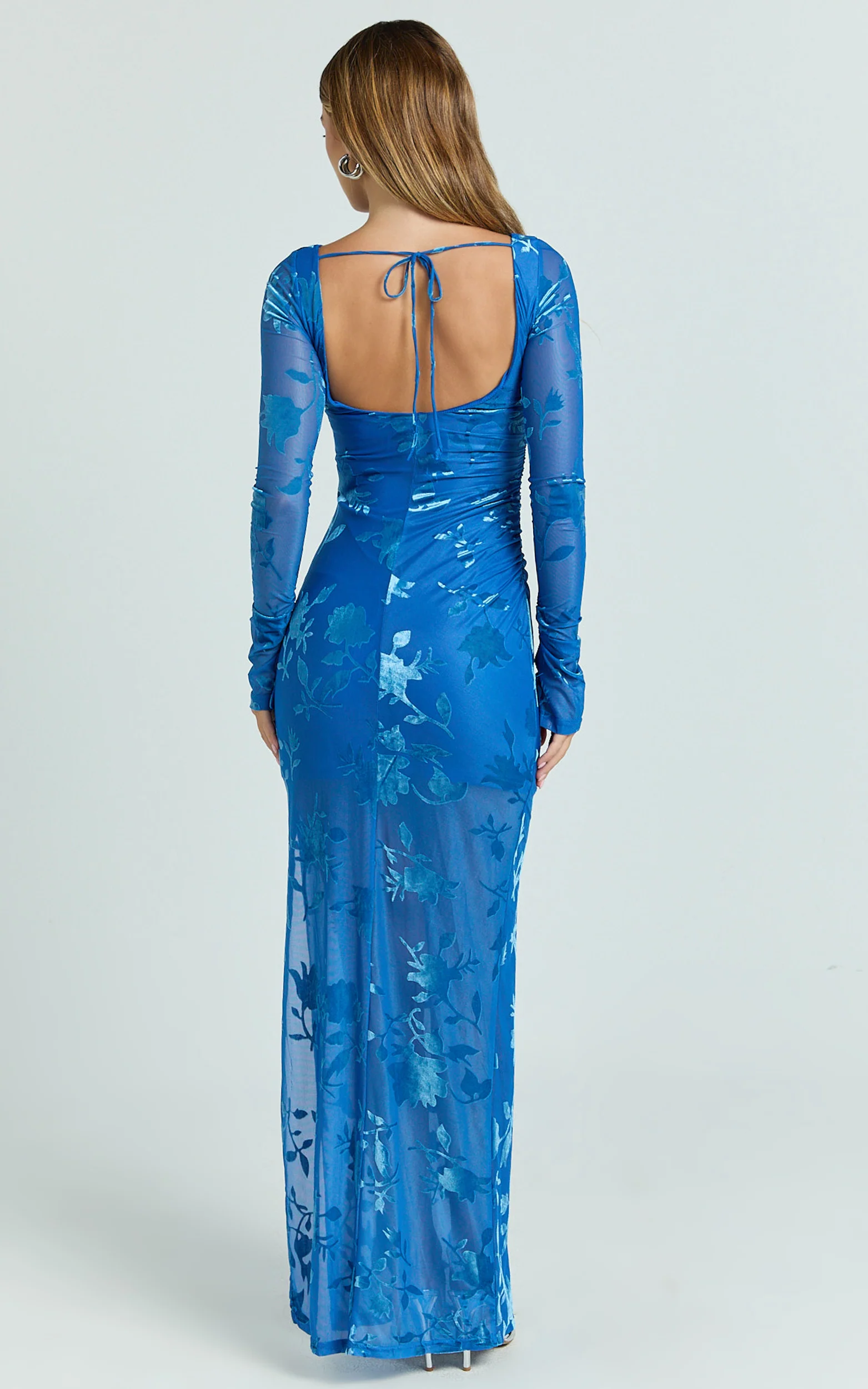 Inez Maxi Dress - Boat Neck Long Sleeve Ruched Dress in Blue