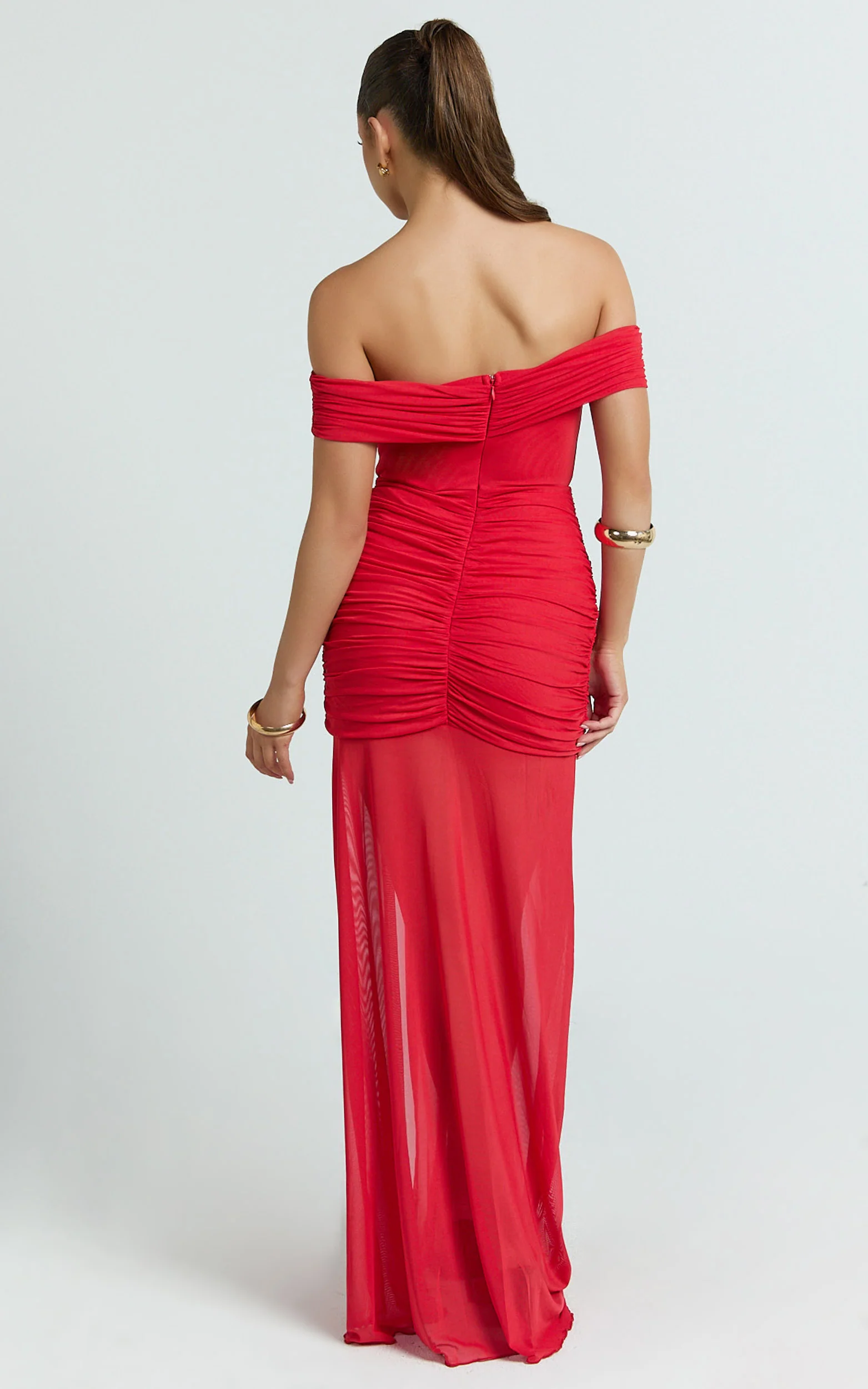 Leticia Maxi Dress - Mesh Off Shoulder Ruched High Split Dress in Red