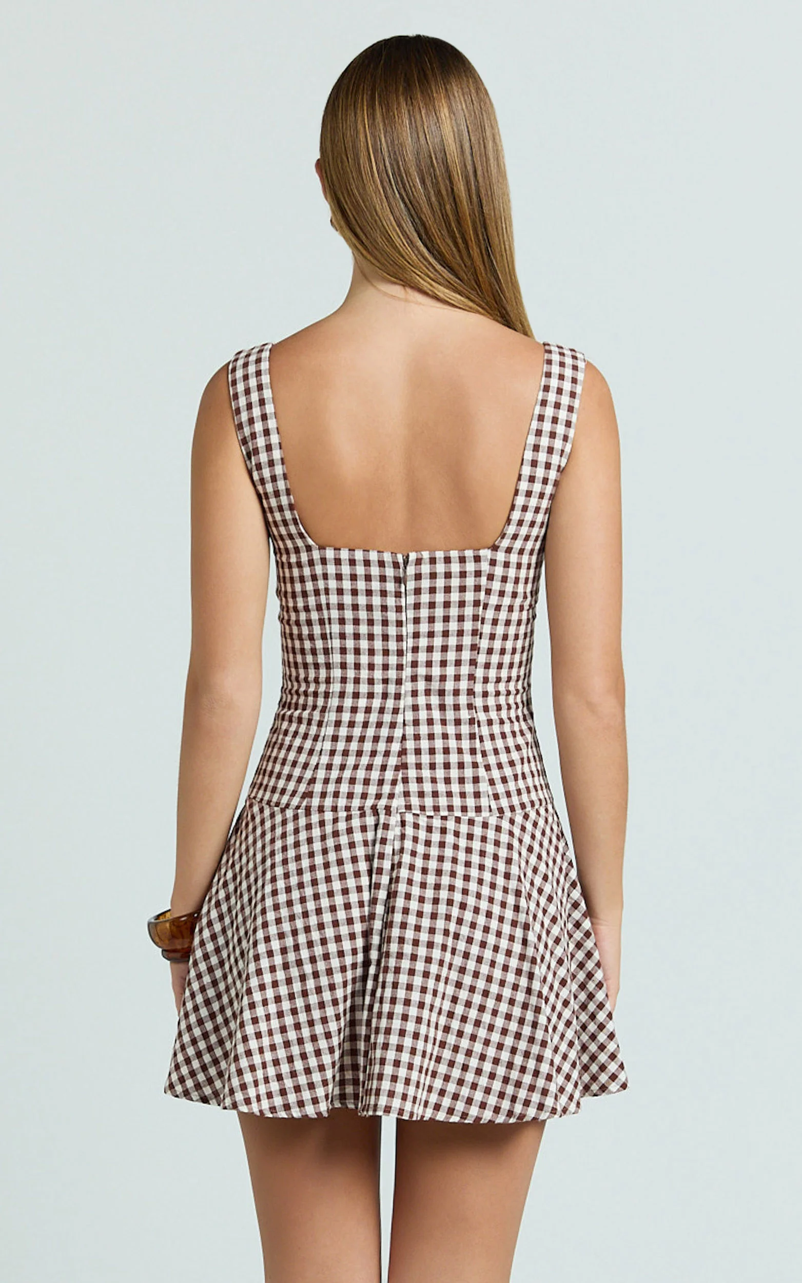 Sophia Mini Dress - Drop Waist Fit And Flare Mini Dress in Chocolate Gingham