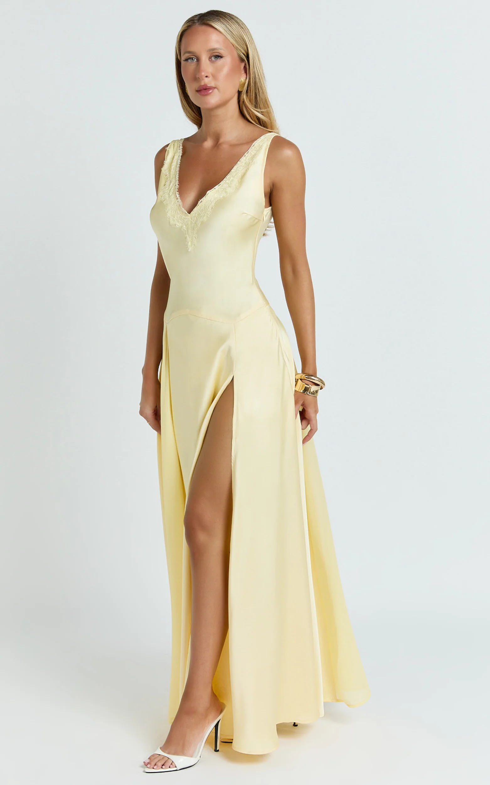 Darlene Maxi Dress - Lace Trim Drop Waist Dress in Lemon