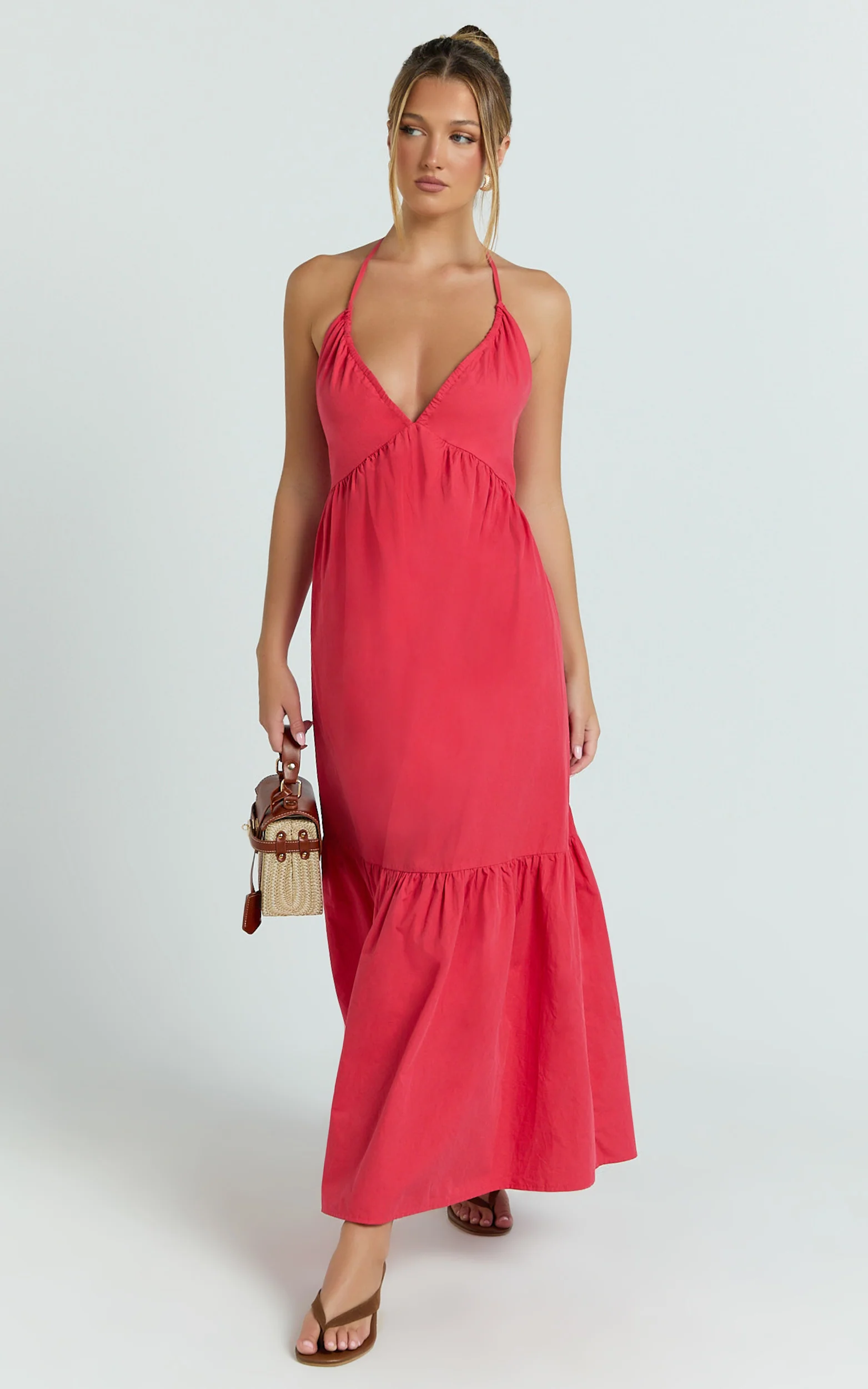 Augusta Midi Dress - Gathered Halter Neck Tiered Midi Dress in Red