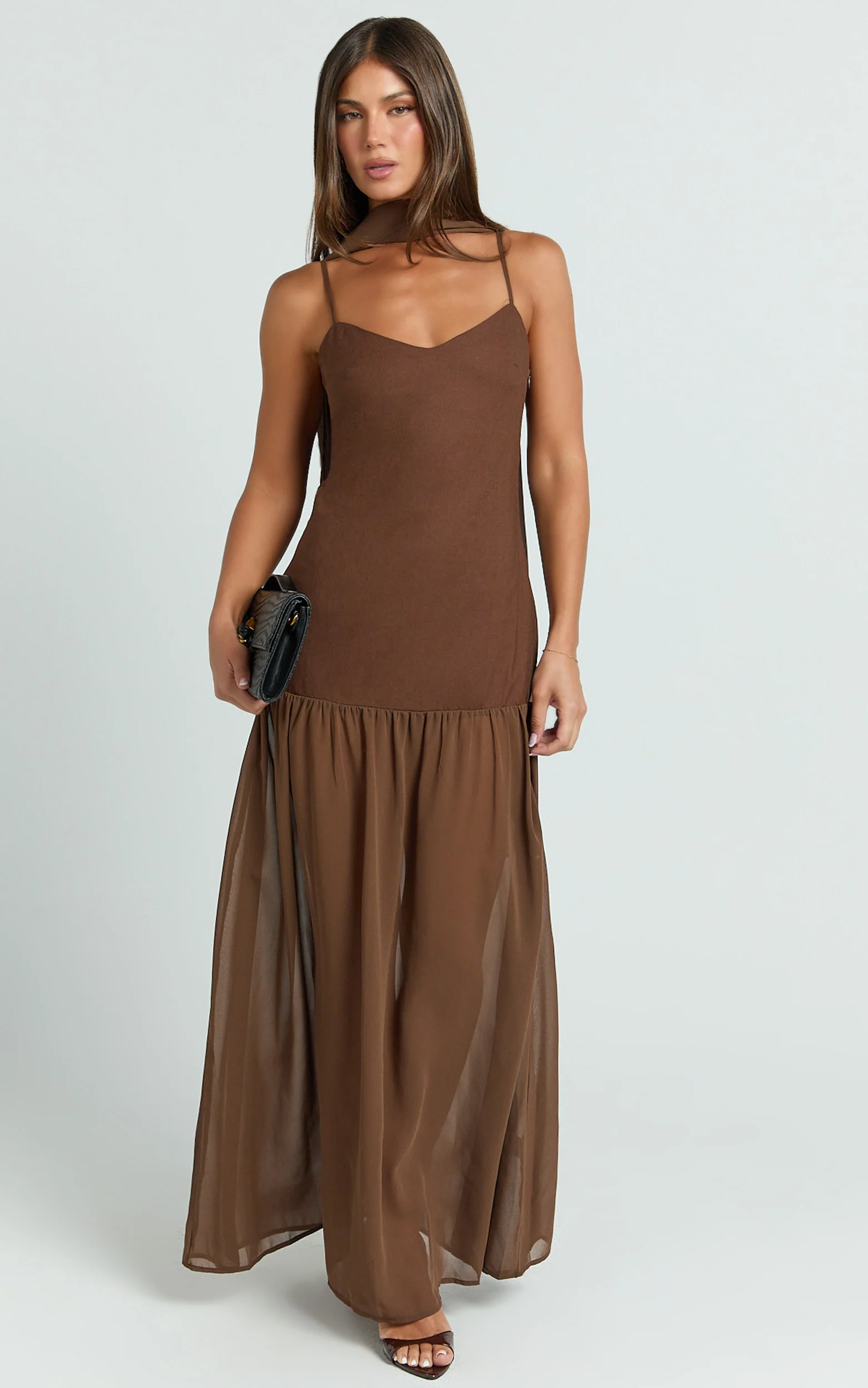 Calvin Maxi Dress - Linen Look Contrast Georgette Skirt with Neck Scarf in Chocolate