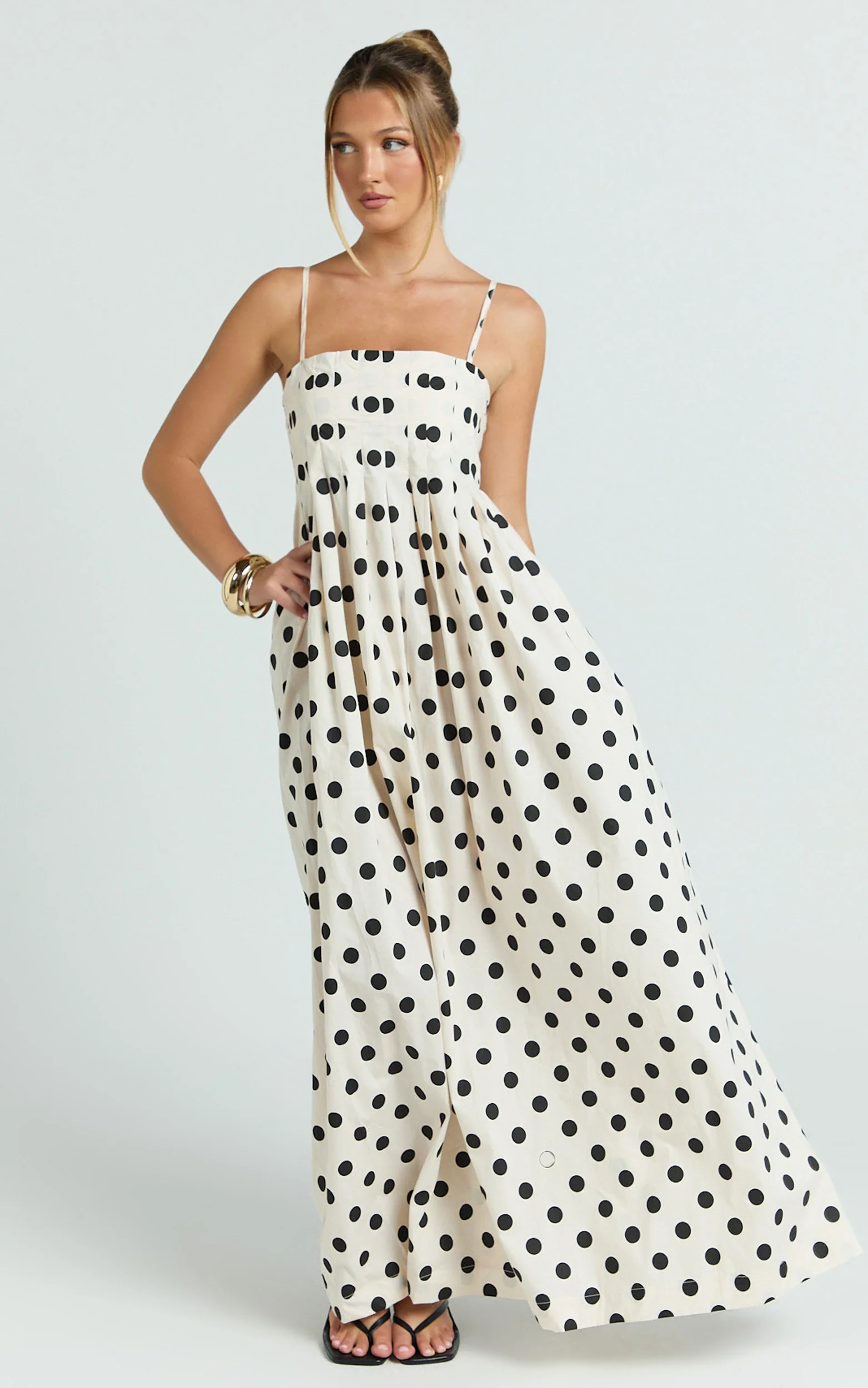 Sia Maxi Dress - Sleeveless Straight Neck A Line Dress in Beige Black Spot