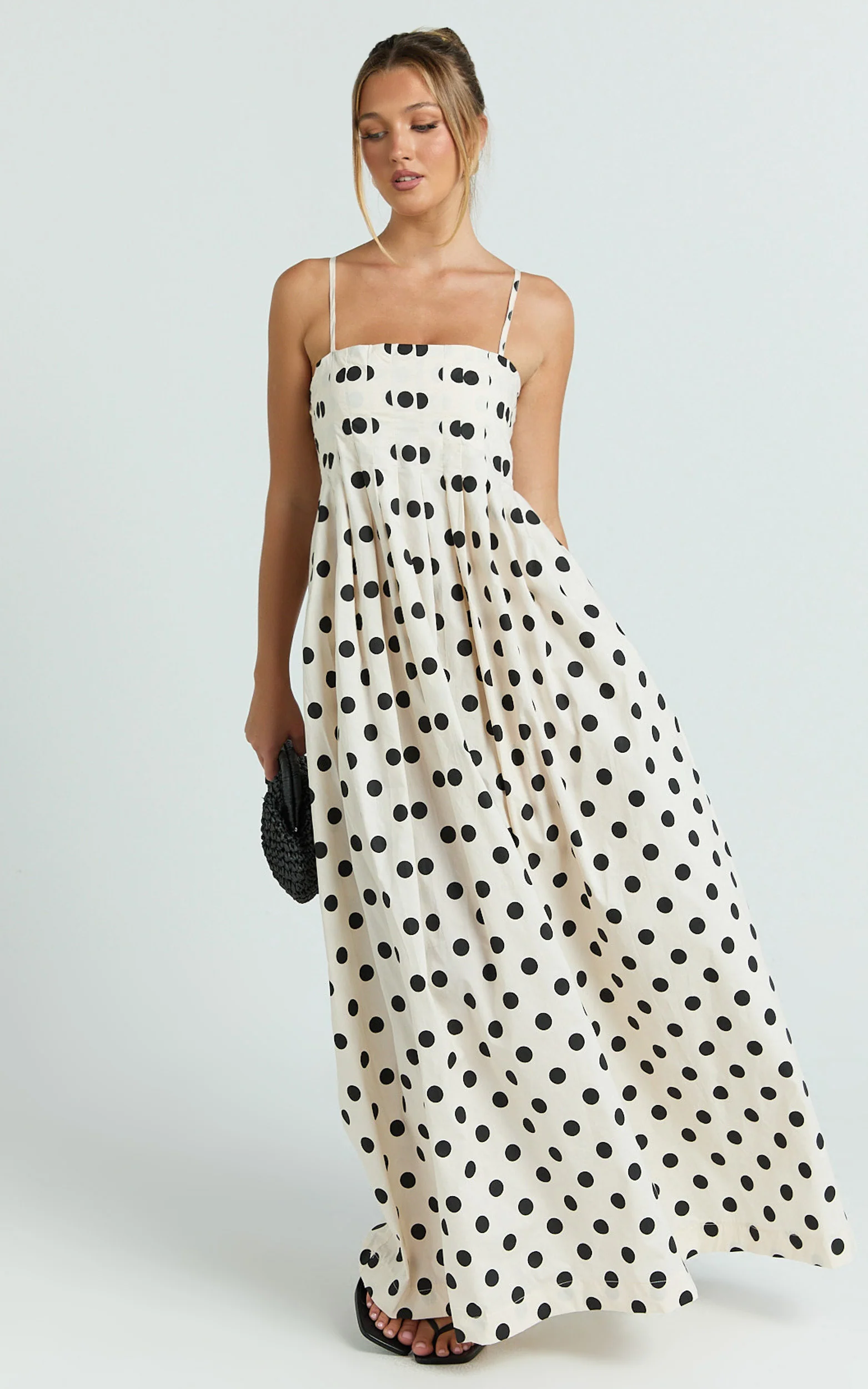 Sia Maxi Dress - Sleeveless Straight Neck A Line Dress in Beige Black Spot