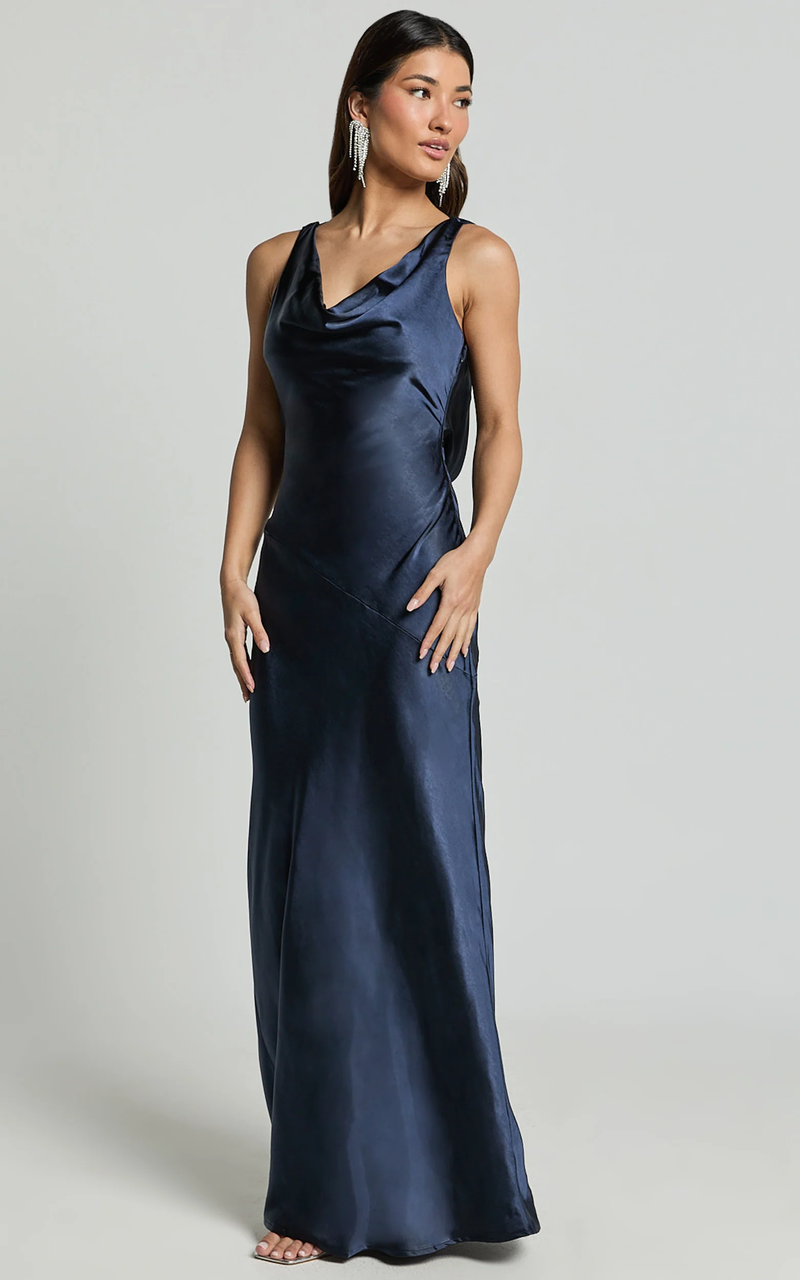 Adilah Maxi Dress - Cowl Neck Satin Dress in Navy