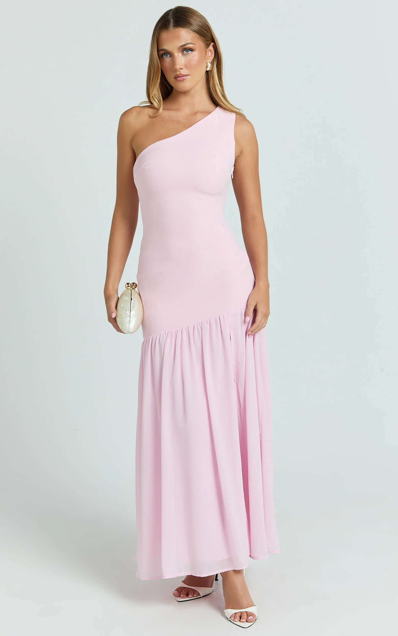 Zia Maxi Dress - One Shoulder Sheer Skirt Dress in Pink
