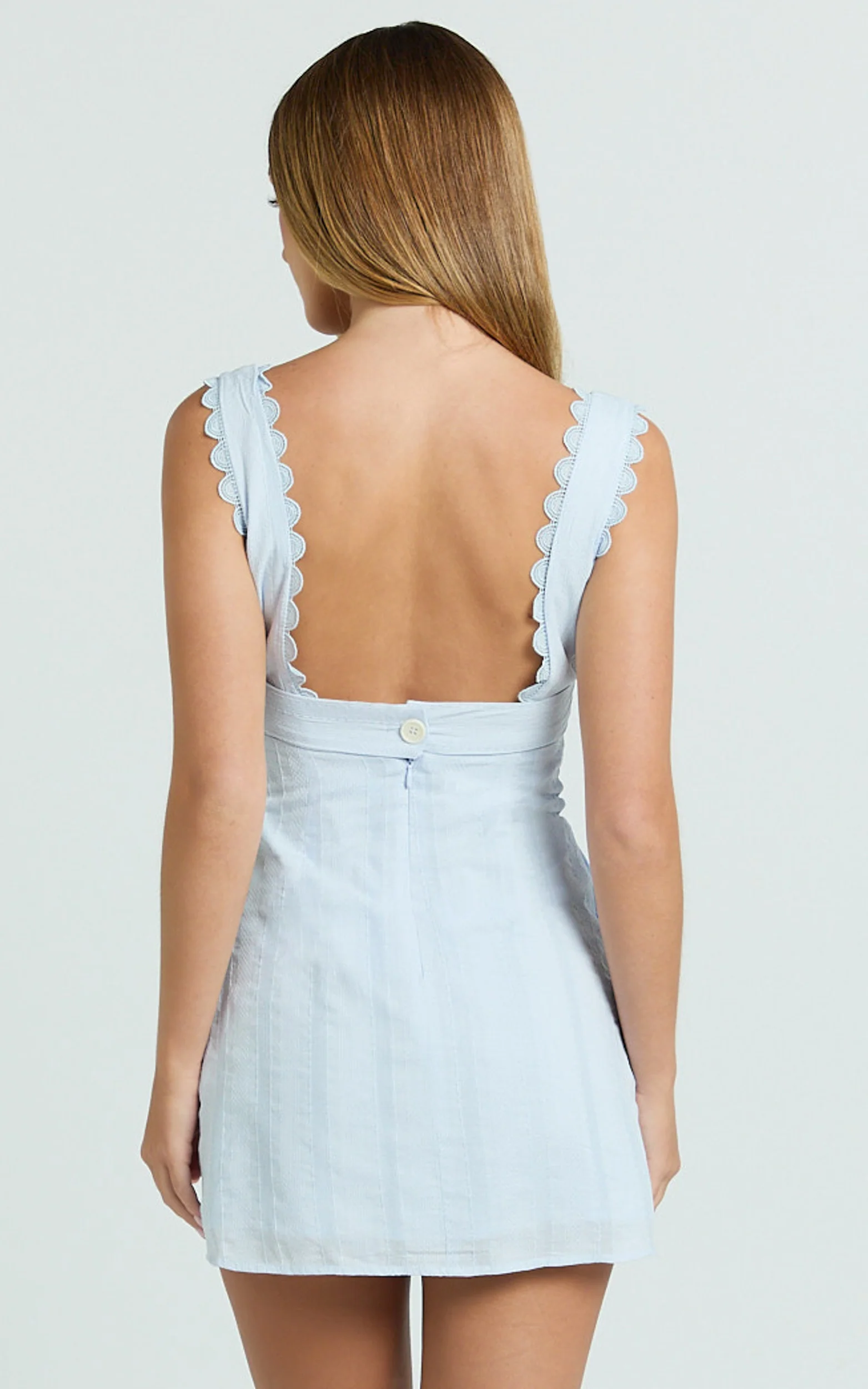 Sylvia Mini Dress - Square Neck Lace Trim A Line Mini Dress in Blue