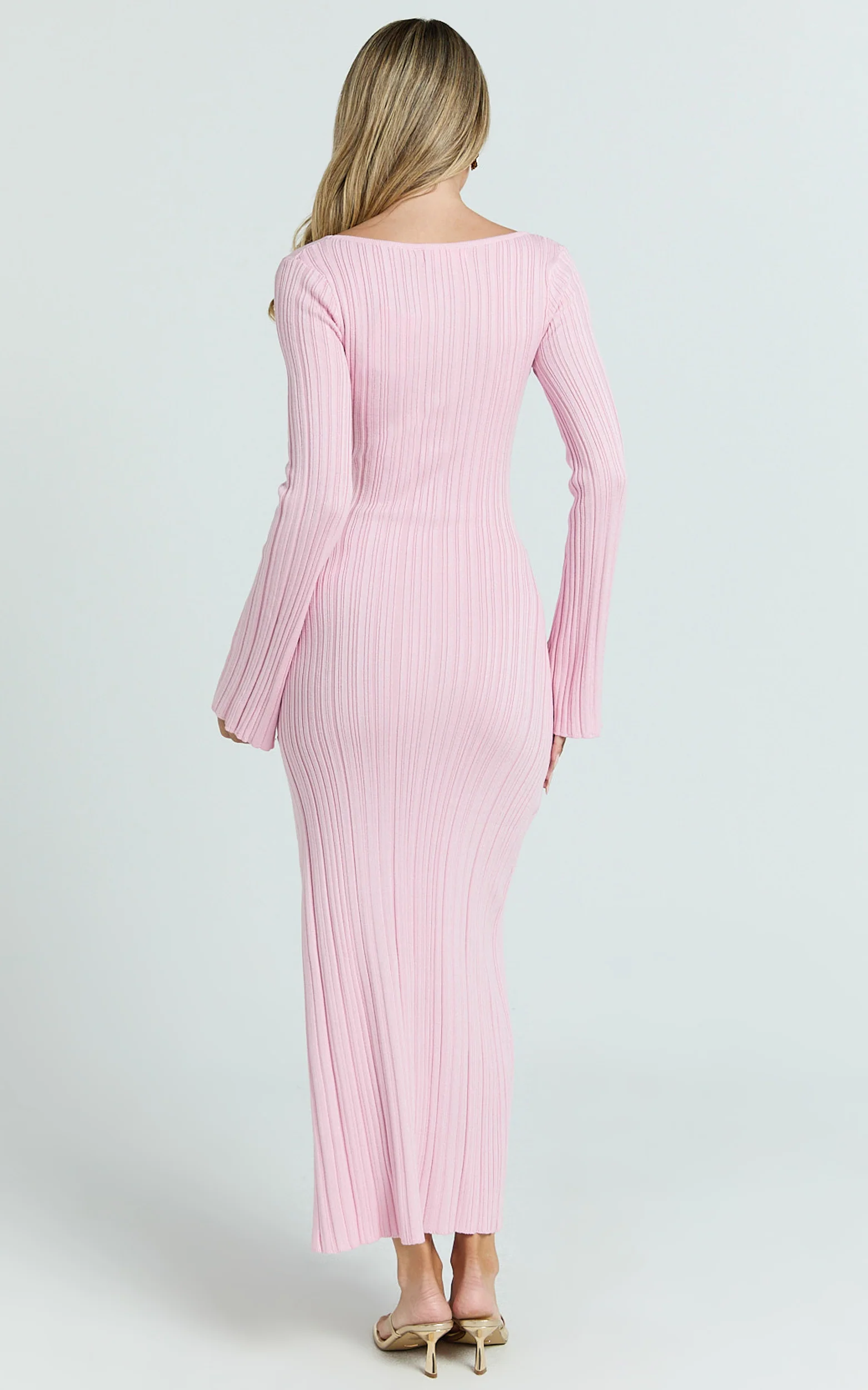 Wilde Midi Dress - Textured Stripe Knit V Neck Metal Trim Dress in Pink