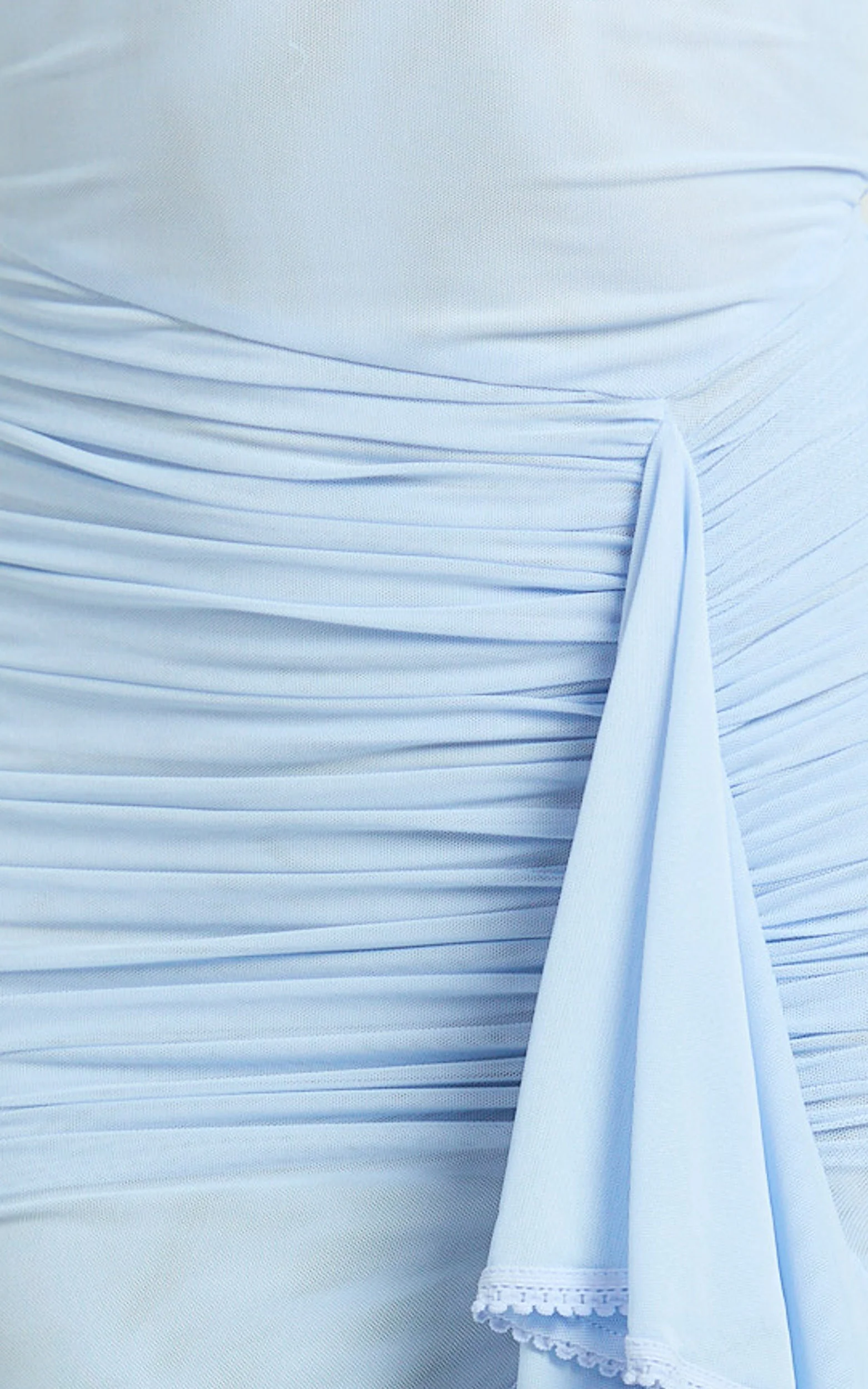 Brionna Midi Dress - Lace Neck Ruched Ruffle Hem Dress in Blue