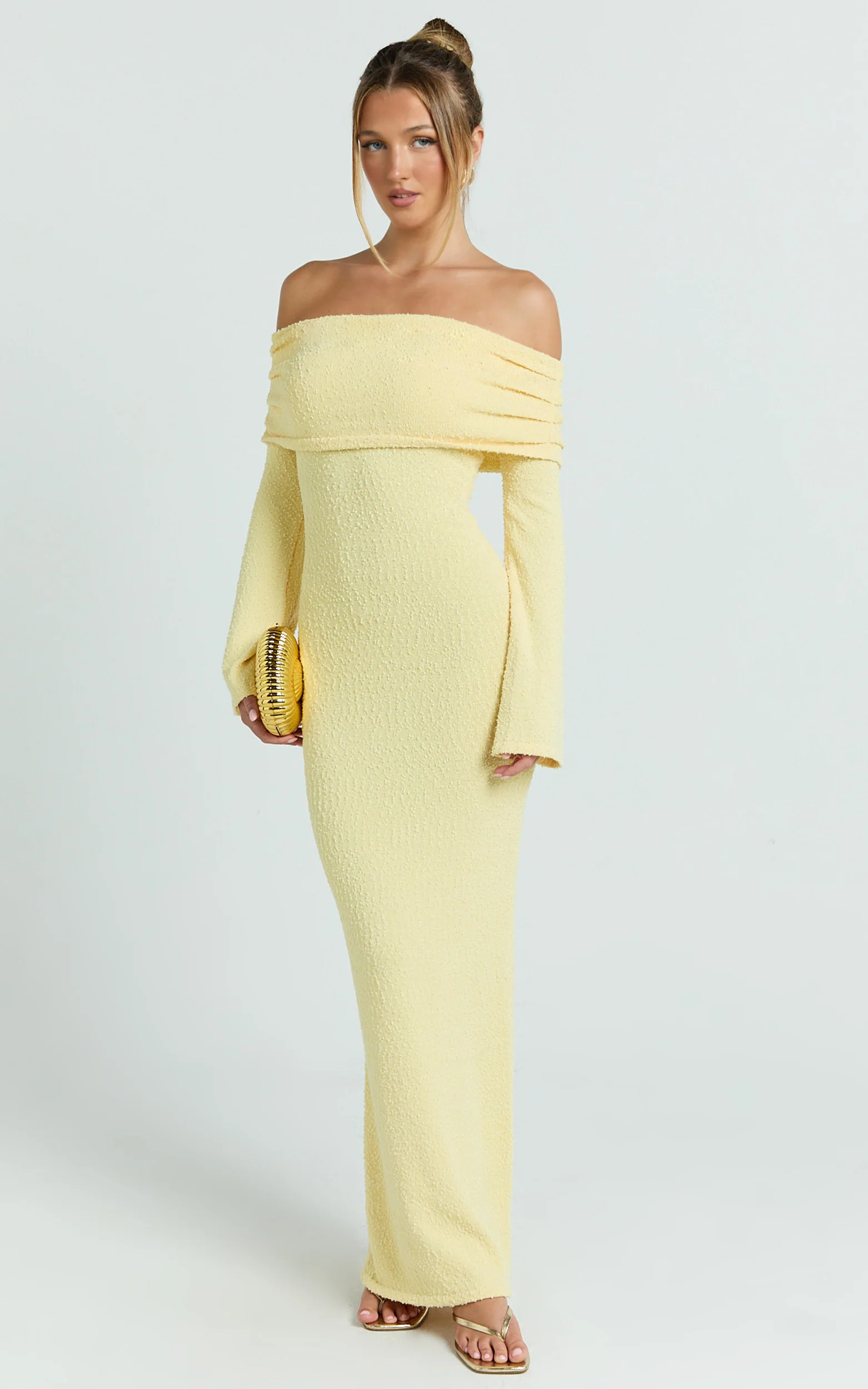 Pietra Maxi Dress - Knit Off Shoulder Dress in Lemon