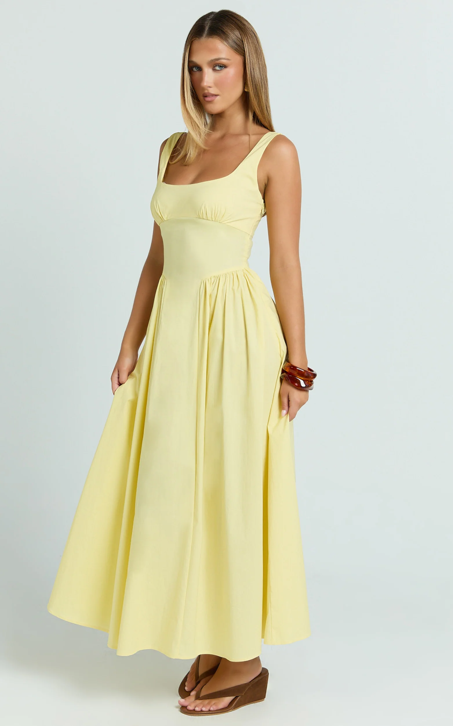 Donatella Midi Dress - Ruched Bust Fit And Flare Dress in Lemon