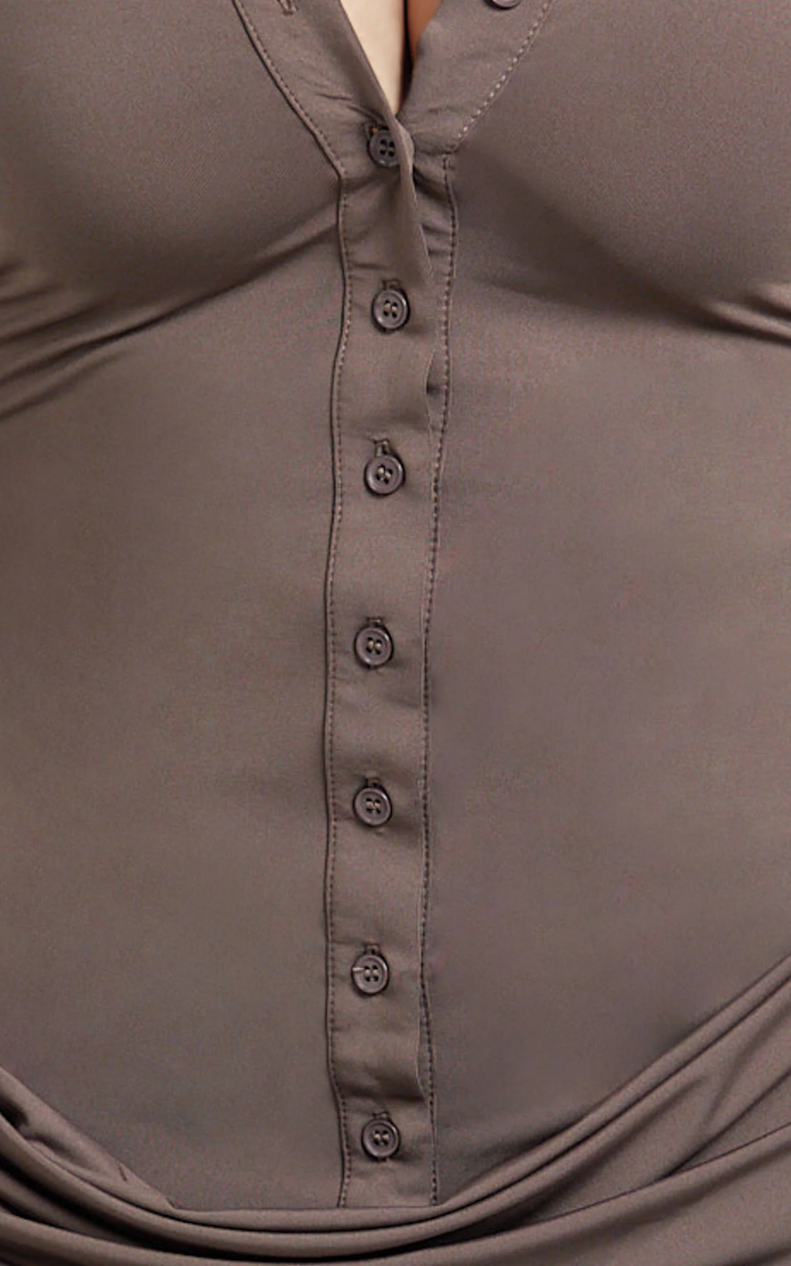 Heath Mini Dress - Concealed Placket Drape Gather Skirt Overlay Dress in Brown