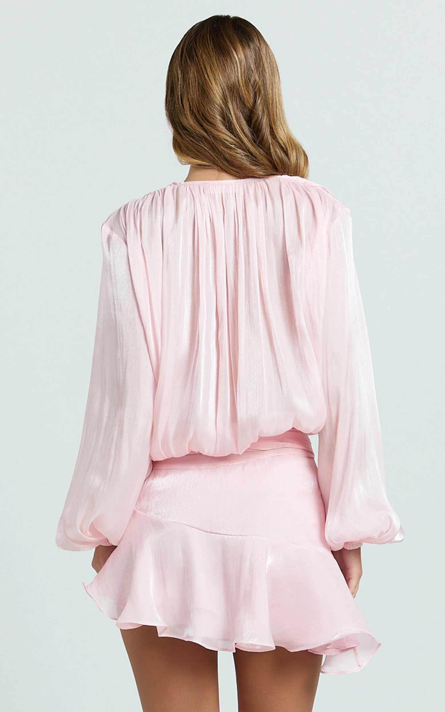 Carmela Mini Dress - Long Sleeve Tie Neck Ruffle Skirt Dress in Pink