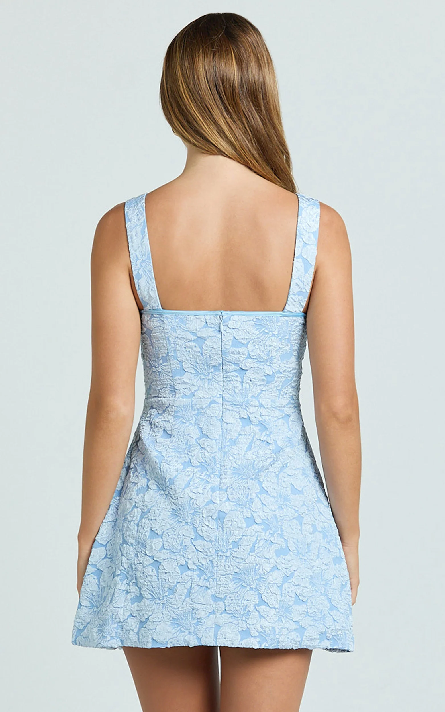 Vivian Mini Dress - Square Neck A Line Dress in Blue