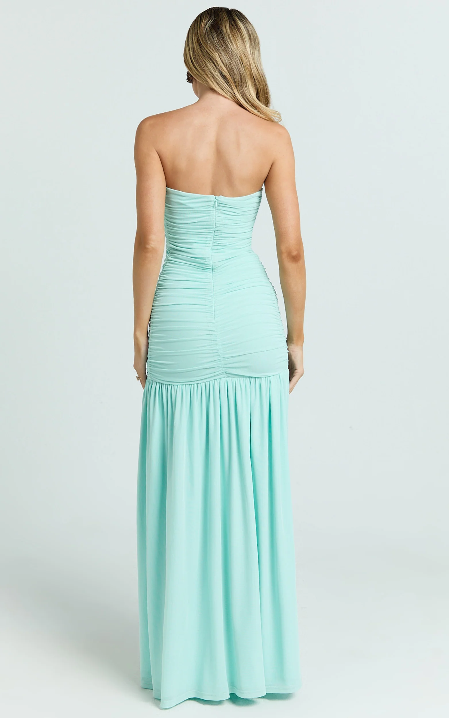 Cardi Maxi Dress - Ruched Mesh High Leg Split Dress in Mint