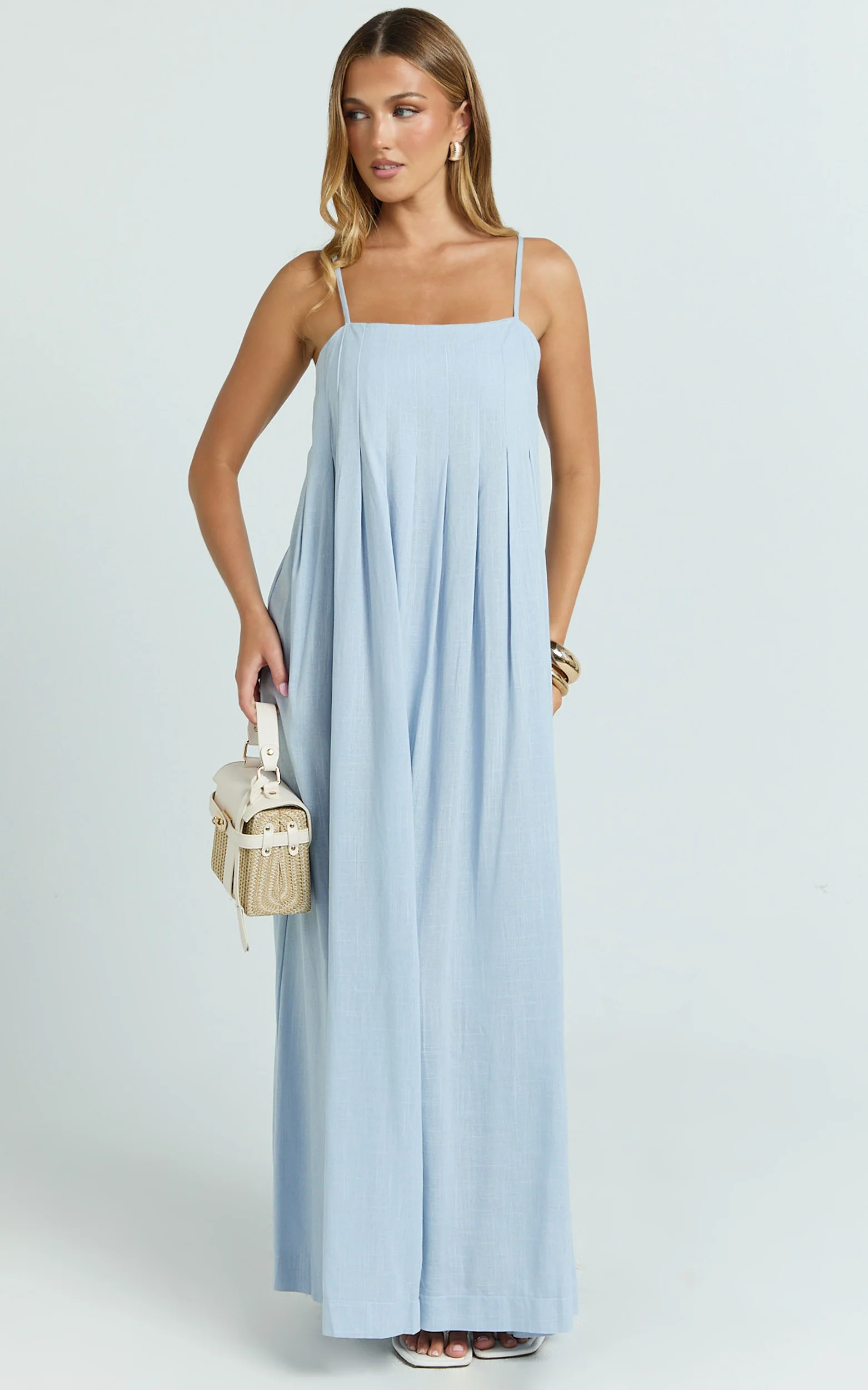 Cloe Midi Dress - Pleated Detail Dress in Blue