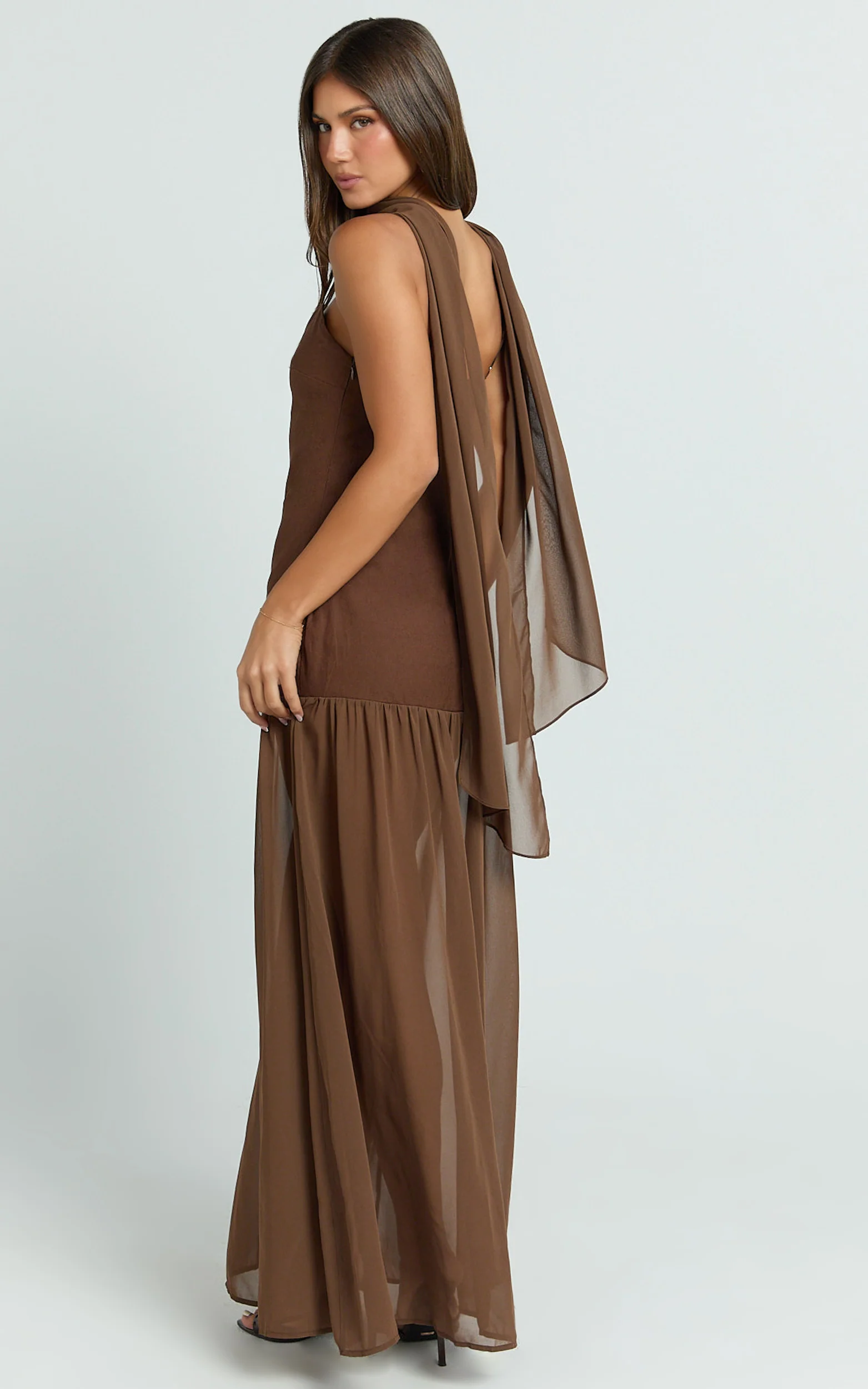 Calvin Maxi Dress - Linen Look Contrast Georgette Skirt with Neck Scarf in Chocolate
