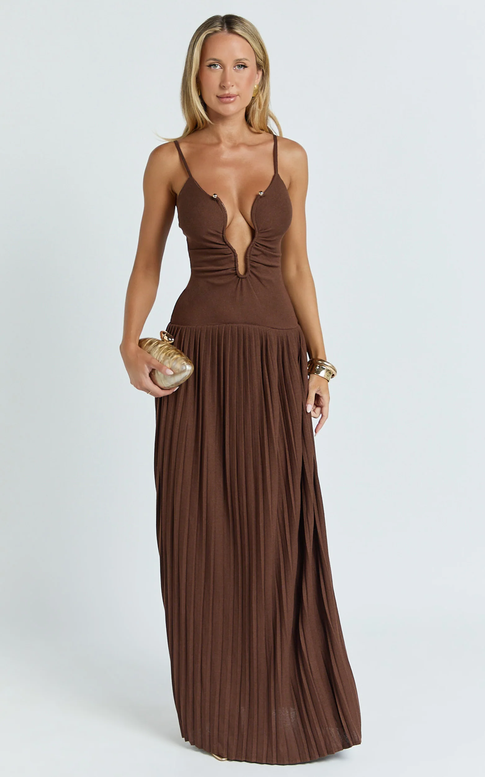 Hathaway Maxi Dress - U Shaped Neck Pleated Dress in Chocolate
