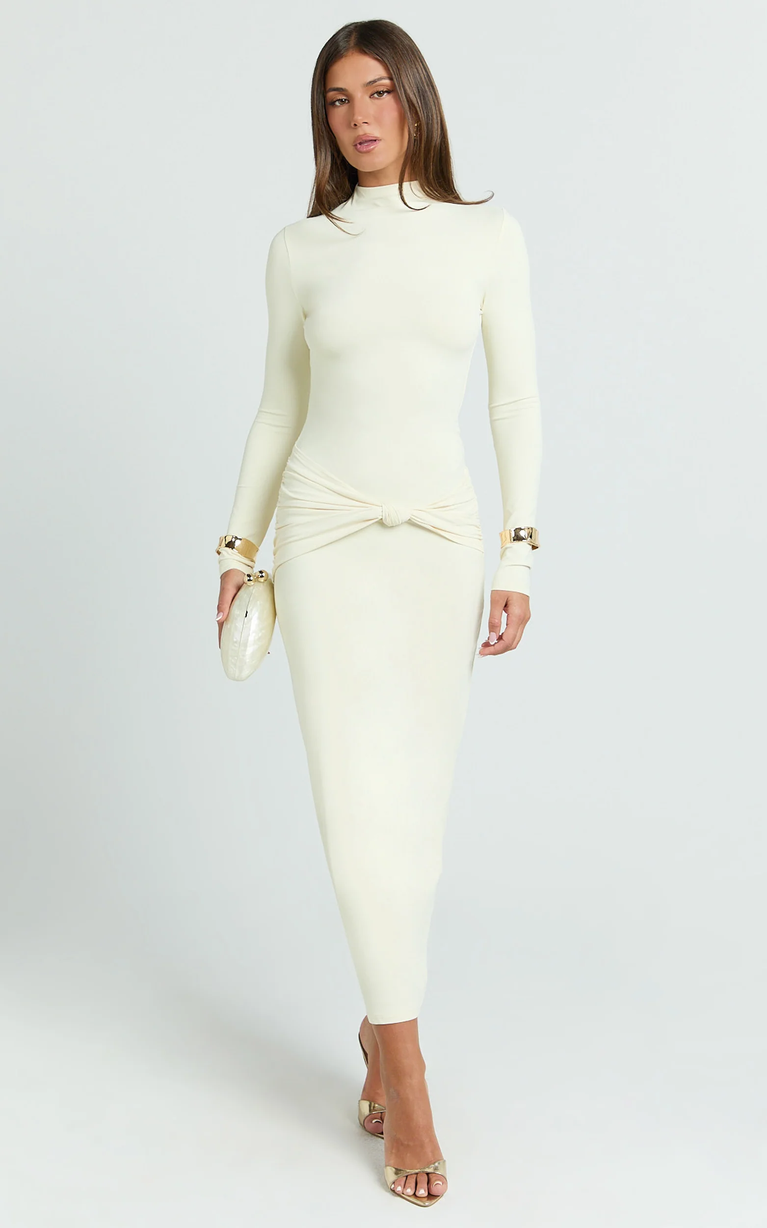 Amelita Midi Dress - Long Sleeve Knot Detail Dress in Cream