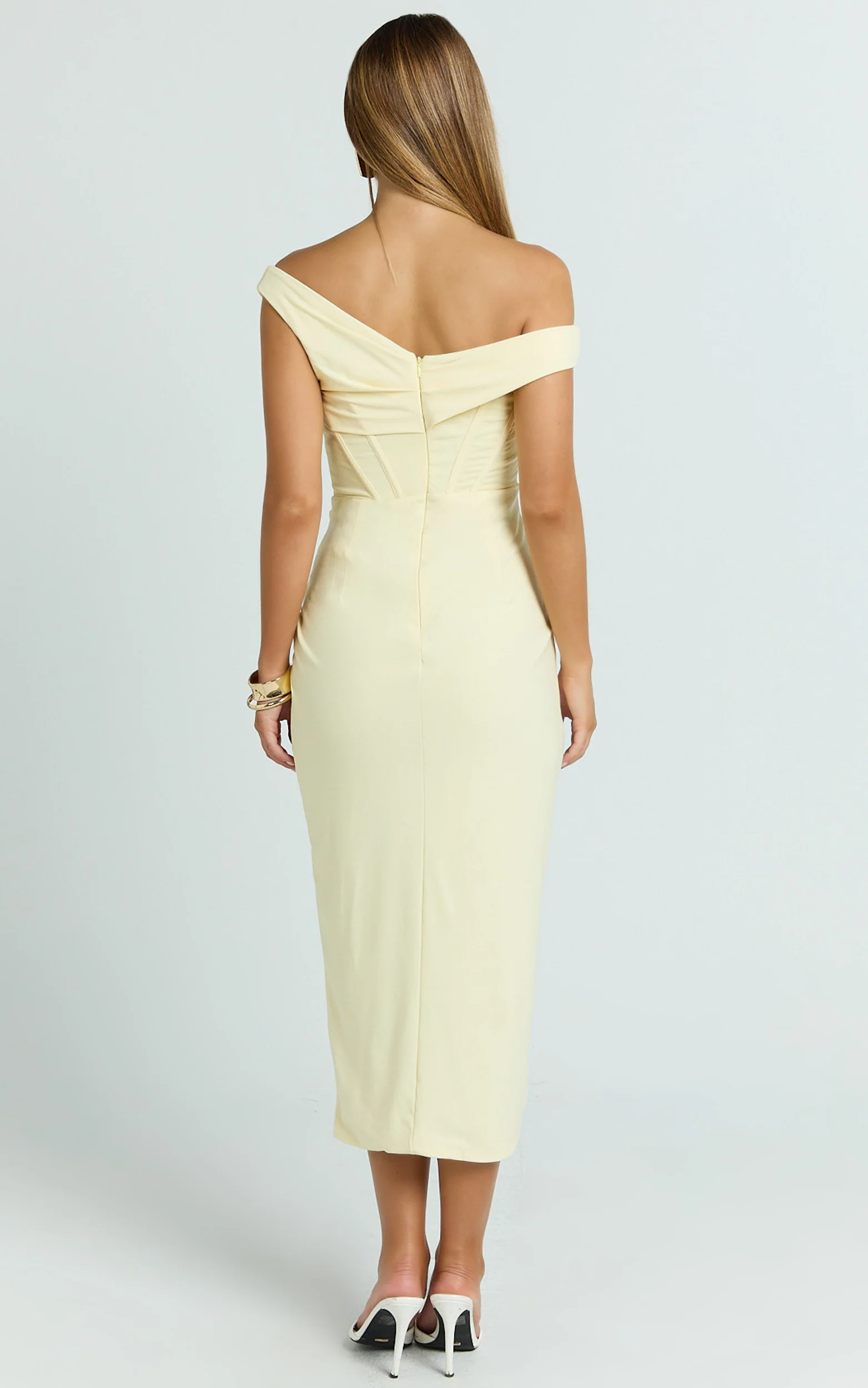 Aidia Midi Dress - Off Shoulder Draped Corset Dress in Lemon