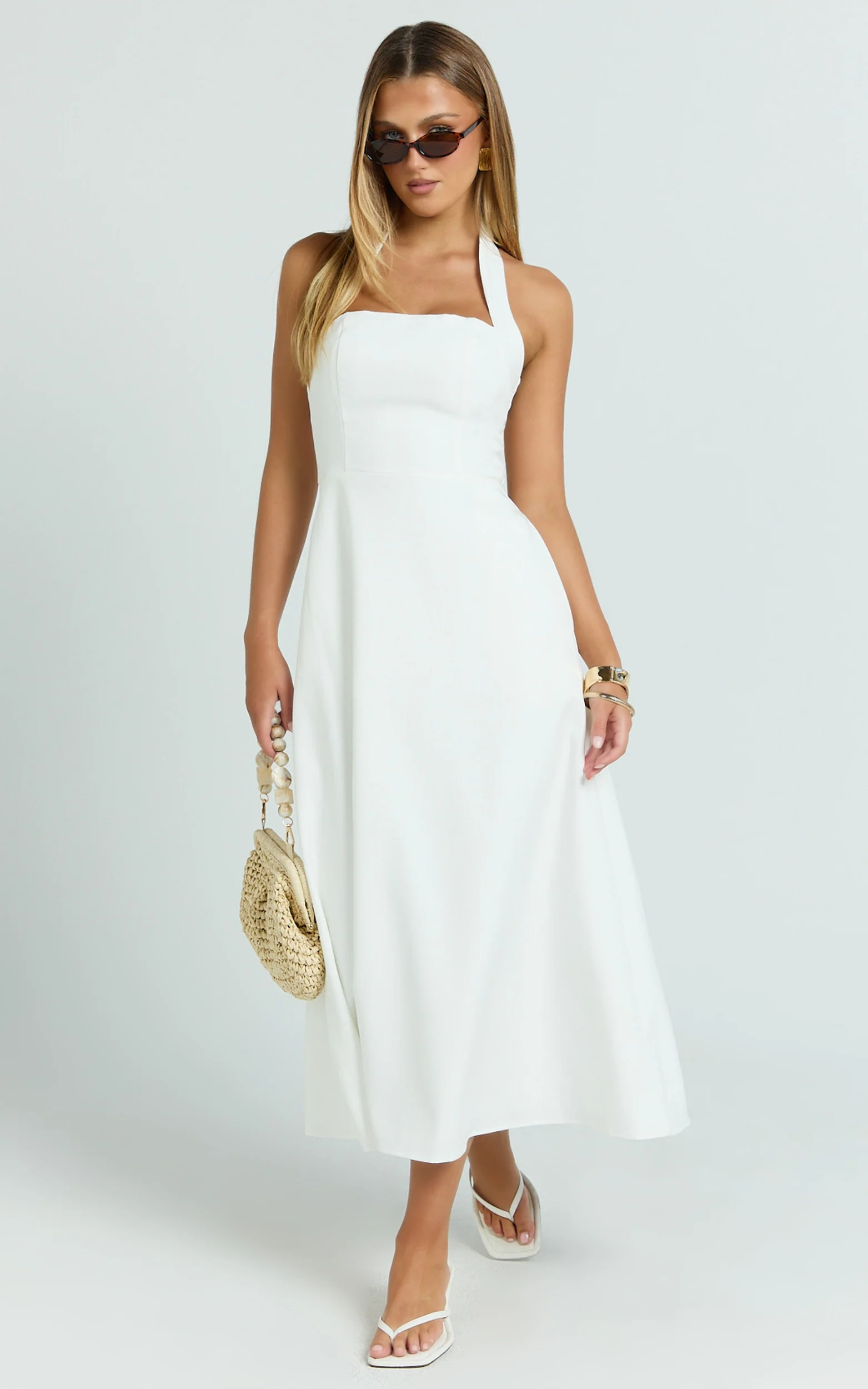 Karissa Midi Dress - Halter Neck Fitted Bodice Midi Soft A Line Skirt Dress in White