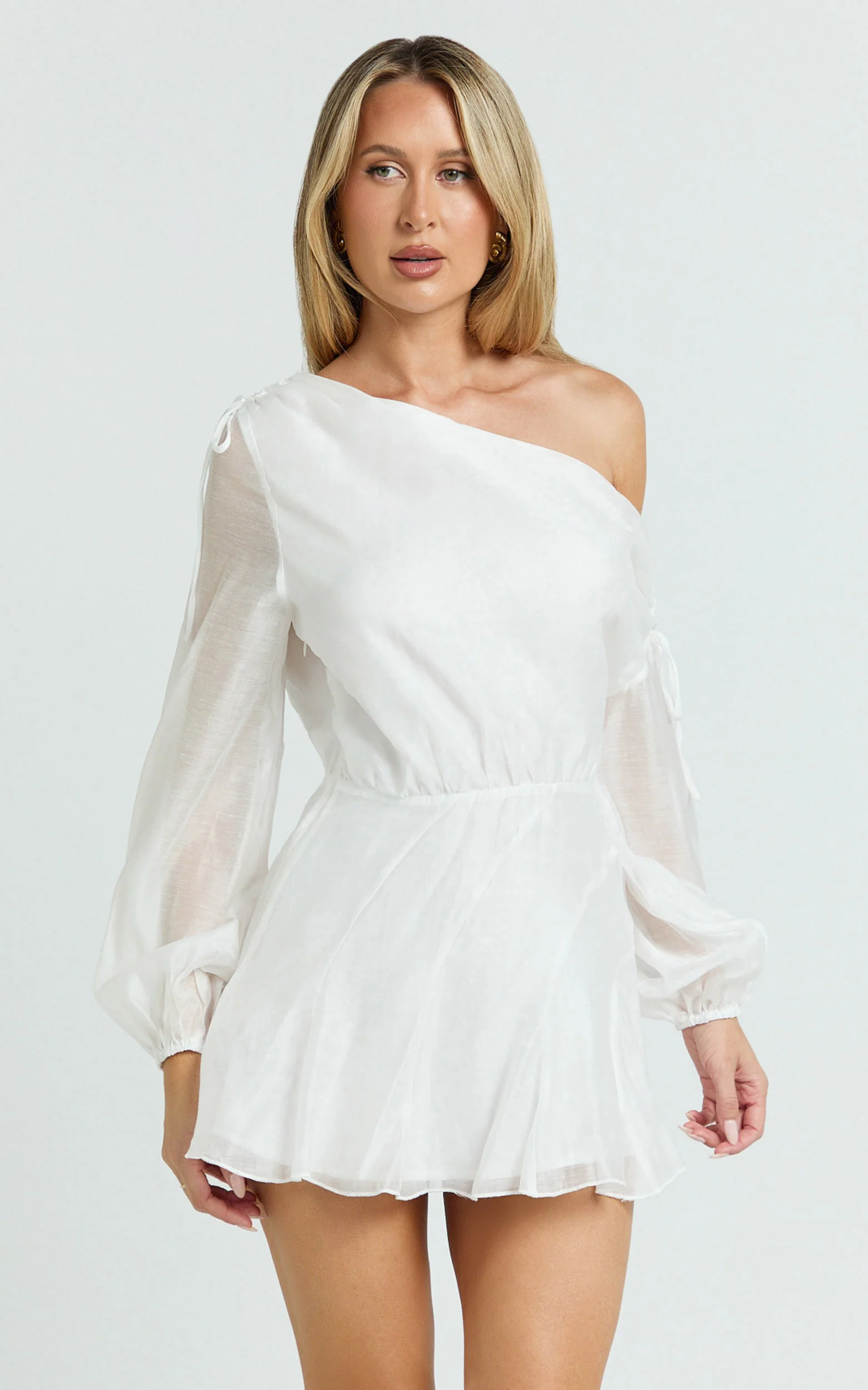 Hayes Mini Dress - Off Shoulder Bellow Top Flip Skirt Dress in White